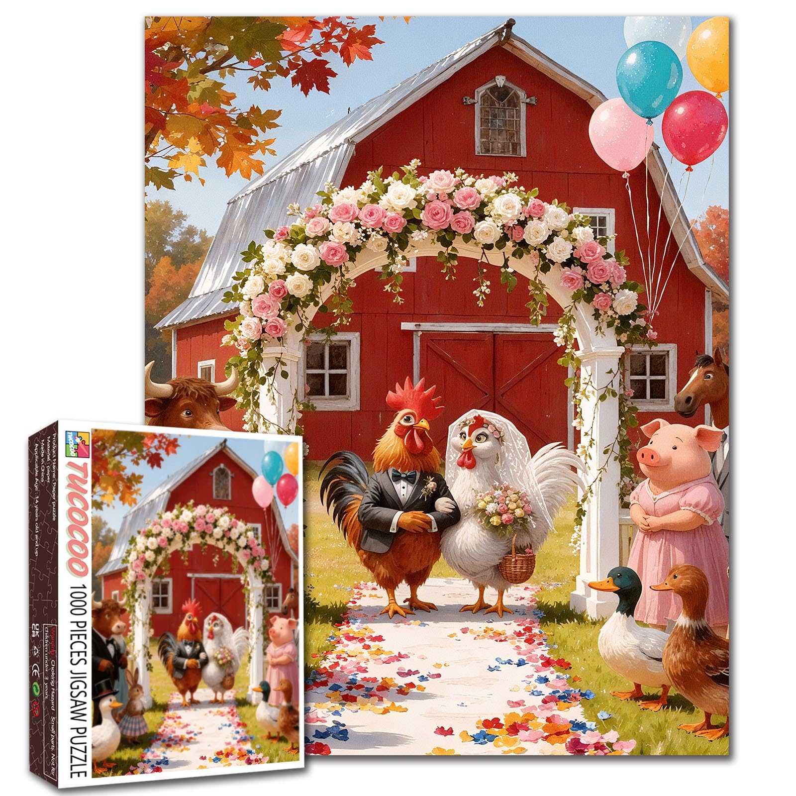 1000 Piece Jigsaw Puzzles for Adults Chicken Wedding Jigsaw Puzzle Red Barn Rooster Hen Wedding 1000 Pieces Puzzles Game Farmhouse Animals Wall Decor DIY Craft Puzzle Farm Animal Fairy Tales Art