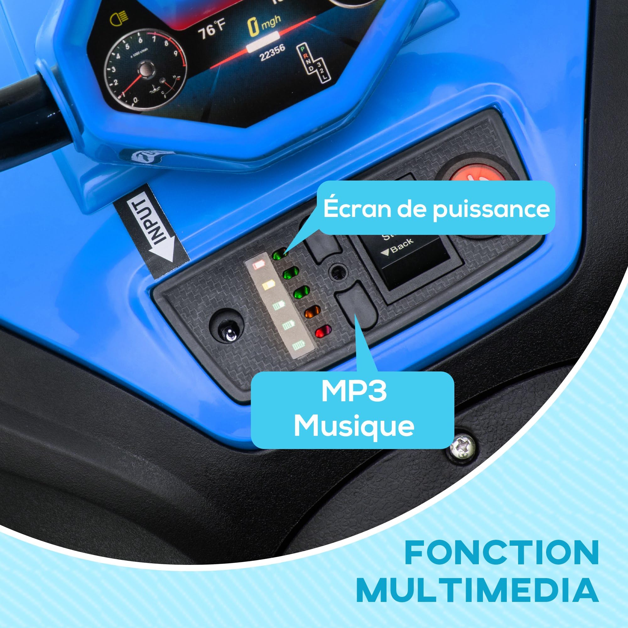 AIYAPLAY Quad Électrique Enfant 12 V, Voiture Électrique Enfants Bleu | Marche Avant Et Arrière, 2 Moteurs, 5 km/h, Klaxon, MP3, Phares LED, 37-60 Mois