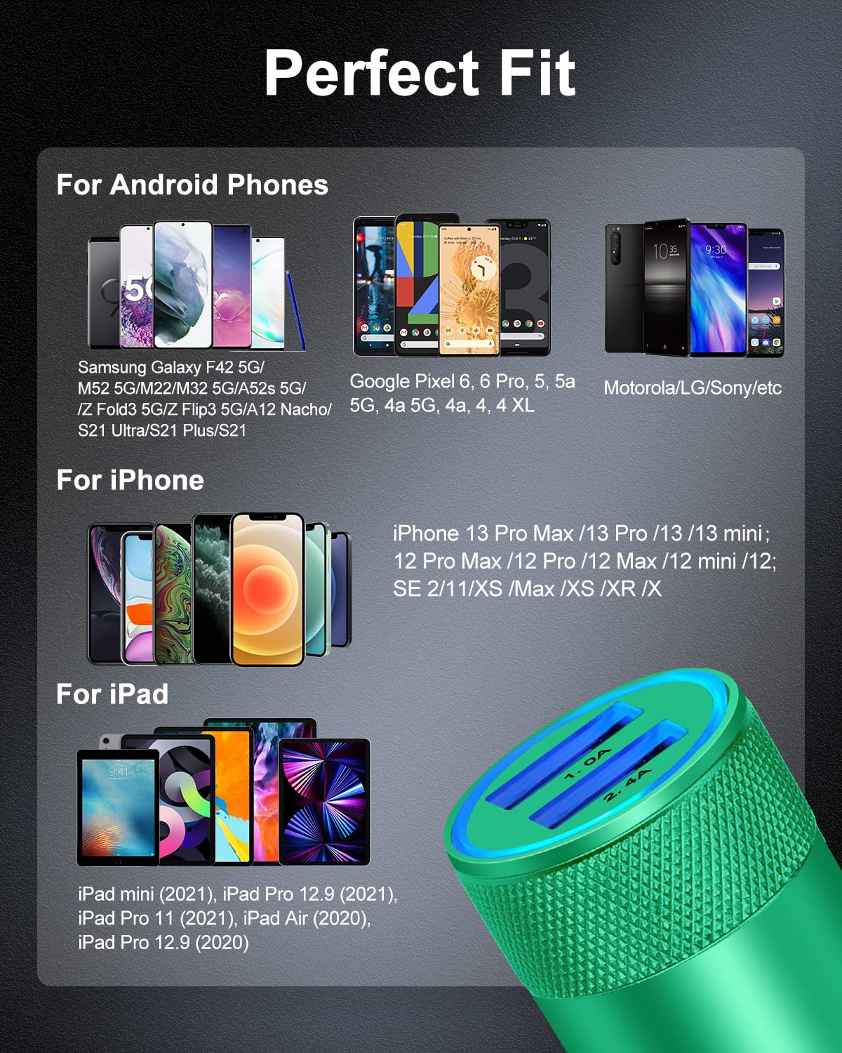 Caricabatteria da auto a doppia porta, 3,4 A, ricarica rapida, adattatore per accendisigari per iPhone, Samsung Galaxy, Google Pixel, LG, Motorola, GPS, luce LED