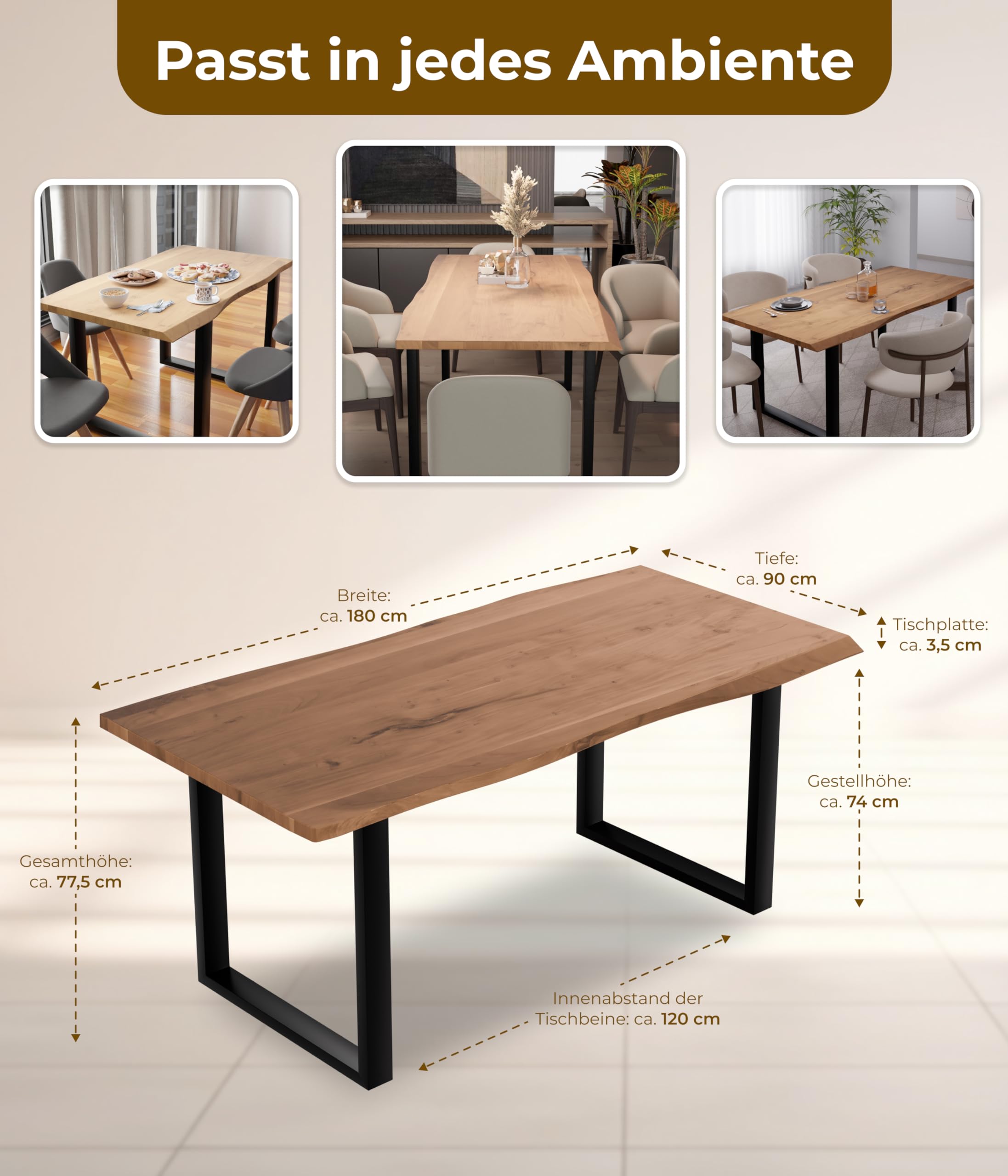 Baumkantentisch 180x90 cm, Massivholz Esstisch, Akazienholz | Tischplatte 3,6 cm, naturfarben, U-Gestell, Echte Baumkante, Handgefertigt & robust, Für 6–8 Personen geeignet