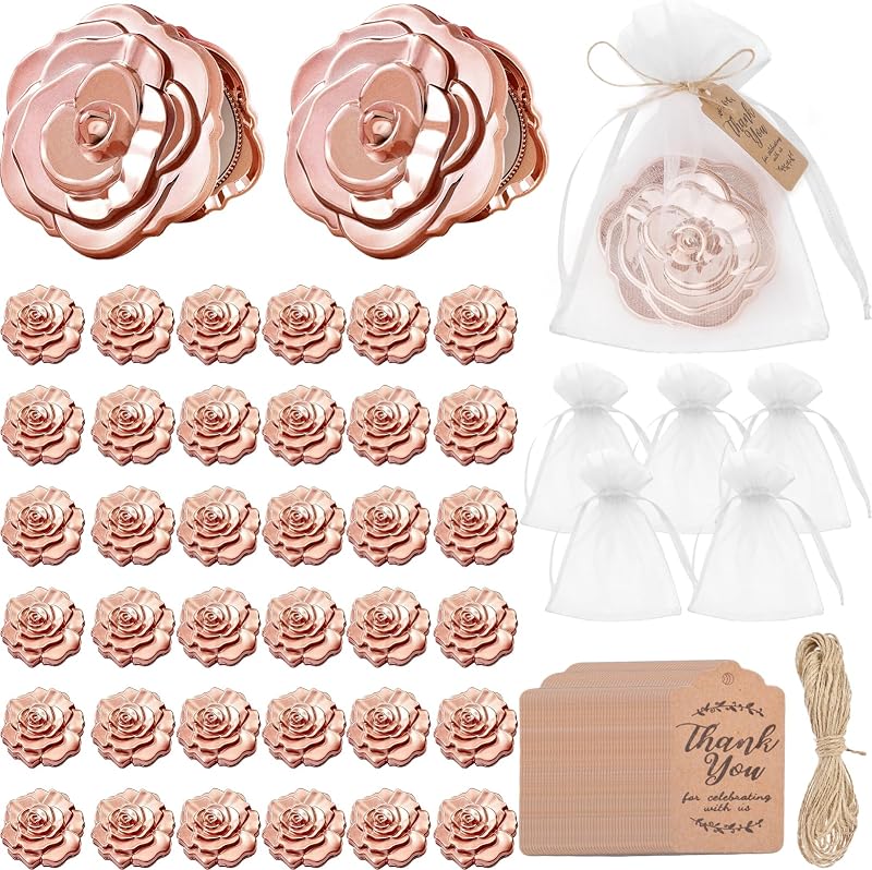 Jicoyin Espelhos compactos dobráveis em formato de rosa, Rose Gold, com sacos de organza e cartões de agradecimento — Pacote com 50