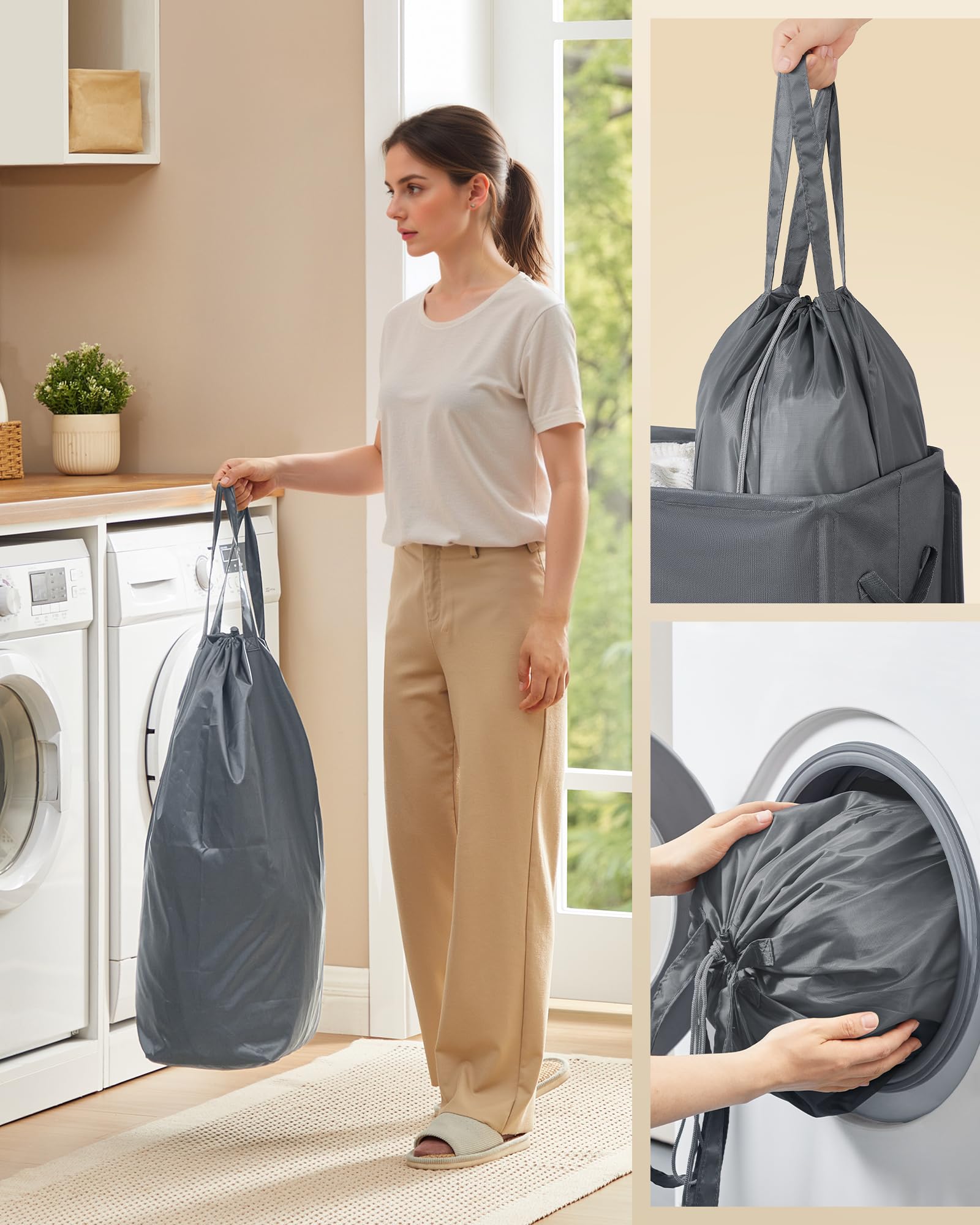 SONGMICS Kosz na pranie, 3 przegrody, 160 l, z pokrywką, 5 etykiet, wyjmowana i nadająca się do prania wewnętrzna torba, pralnia, sypialnia, ciemnoszary RLH013G01