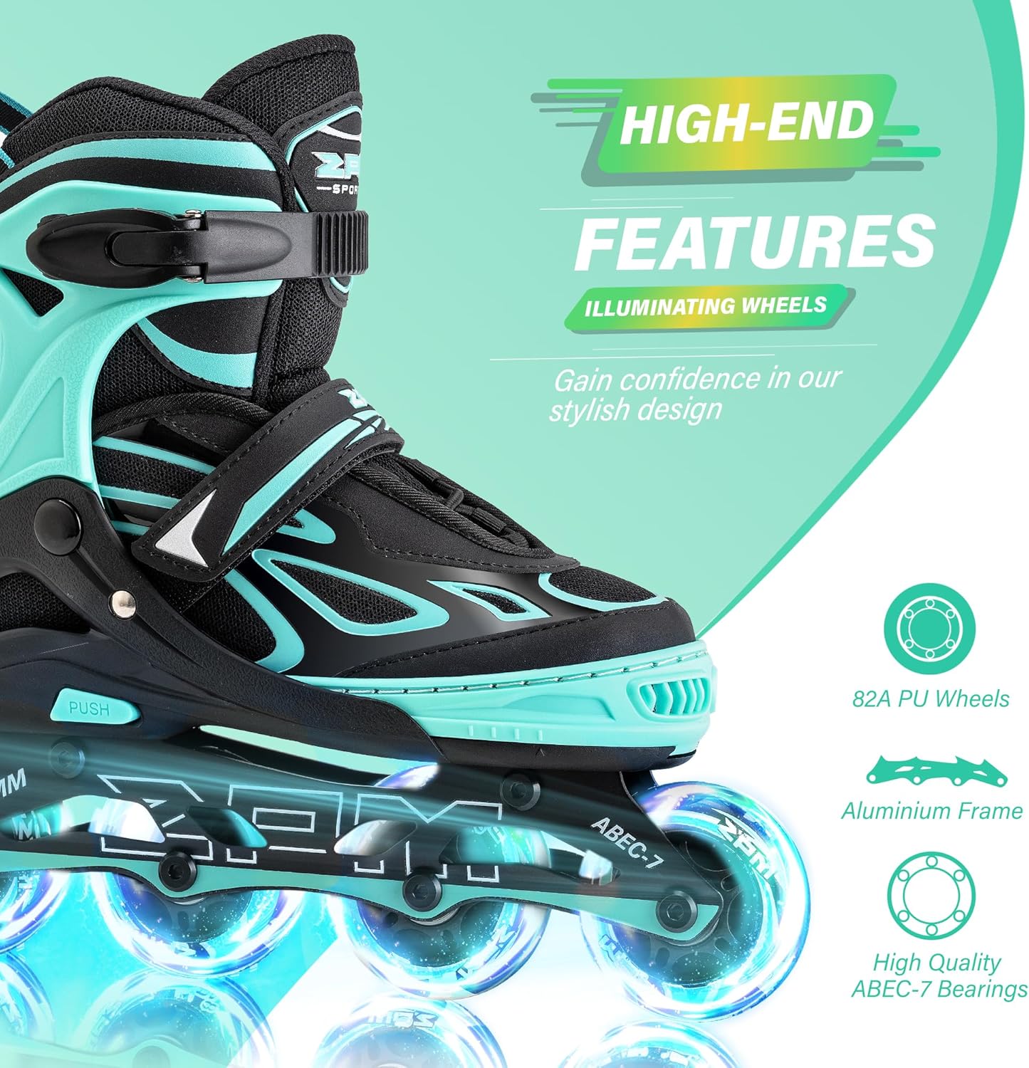 2PM SPORTS Vinal Girls Adjustable Flashing Inline Skates, All Wheels Light Up, Fun Illuminating Skates for Kids and Men