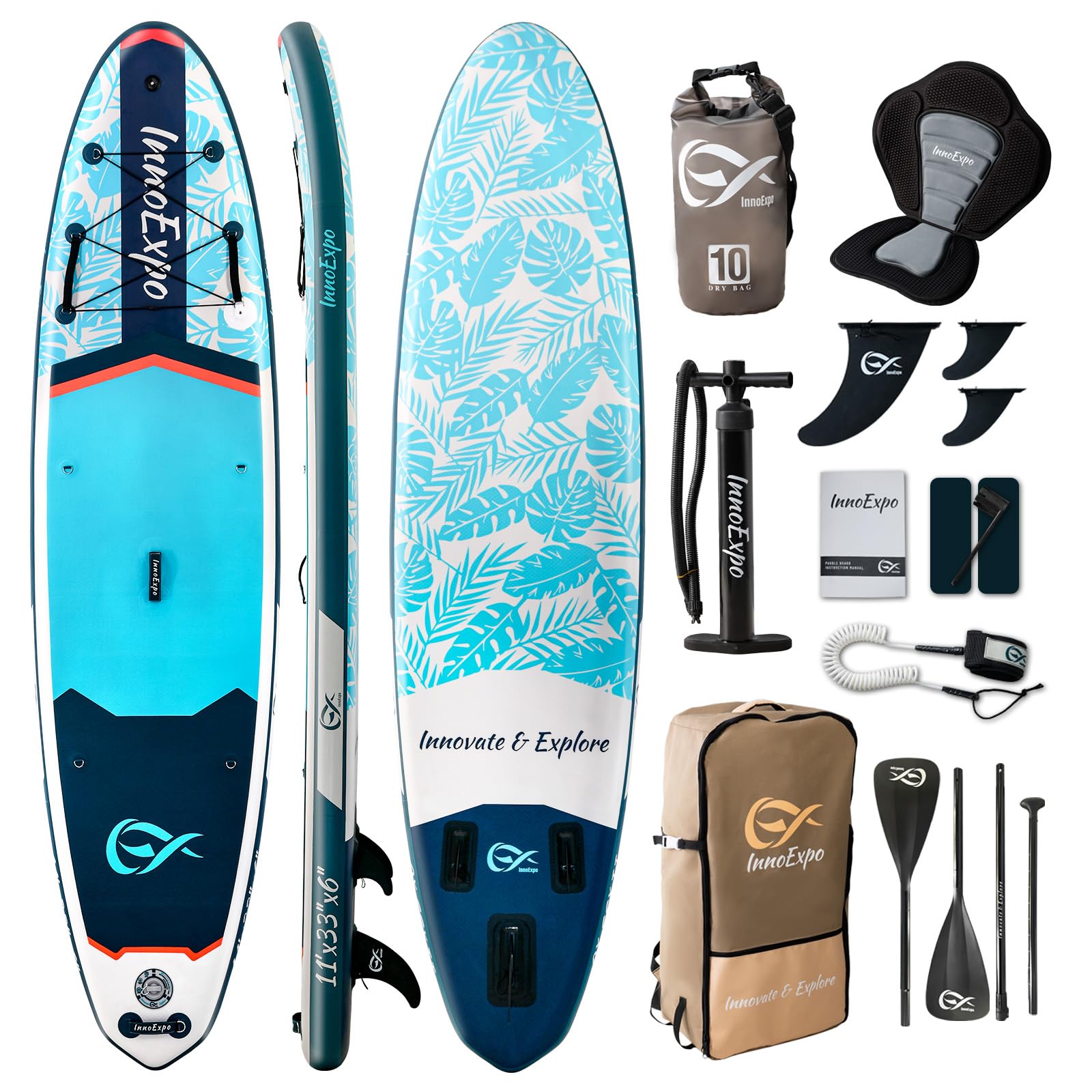 InnoExpo 11' Inflatable Stand Up Paddle Boards with Premium Accessories, Wide Stable SUP Paddle Board Design, Non-Slip Comfort Deck for Youth & Adults
