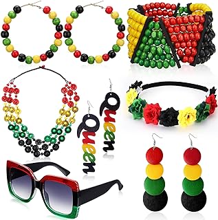 Jexine 7 Pieces Jamaica African Jewelry for Women, Rasta African Beads Earrings Afro Beaded