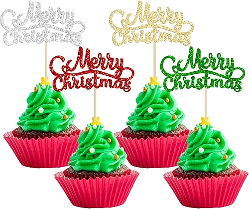 Miniatura 1 de Gyufise Paquete de 24 adornos para cupcakes de Navidad con bastón de árbol de Navidad, ciervos, purpurina, decoraciones para Navidad, Año Nuevo,