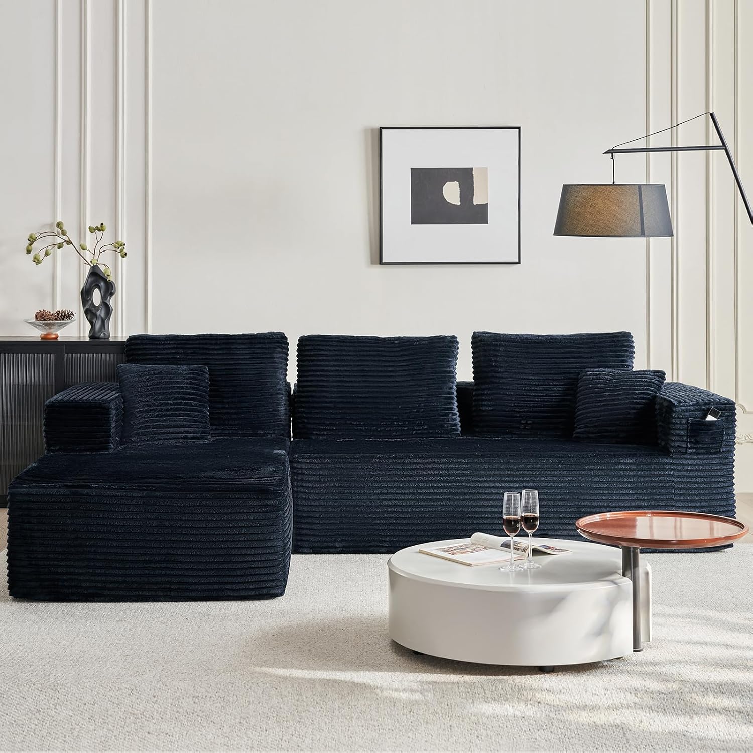 105" Modular Sectional Sofa with L-Shape Chaise,Corduroy Fabric Sectional Couches for Living Room&Home Office,DIY Frameless Cloud Couch with Deep Seat, Boneless Couch with Memory Foam (Black, Left)