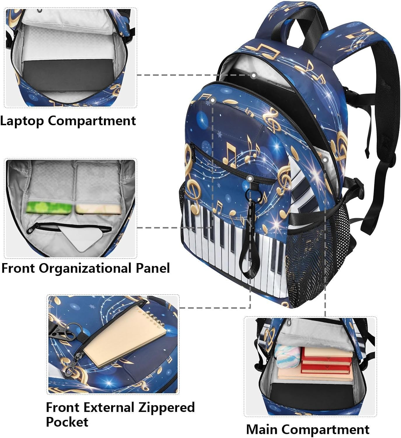 ALAZA Blue Gold Music Piano Keys Backpack Travel Laptop Backpack Purse for Women Men Teens Girls School Bag College Bookbag Water Resistant Casual Daypack image 5