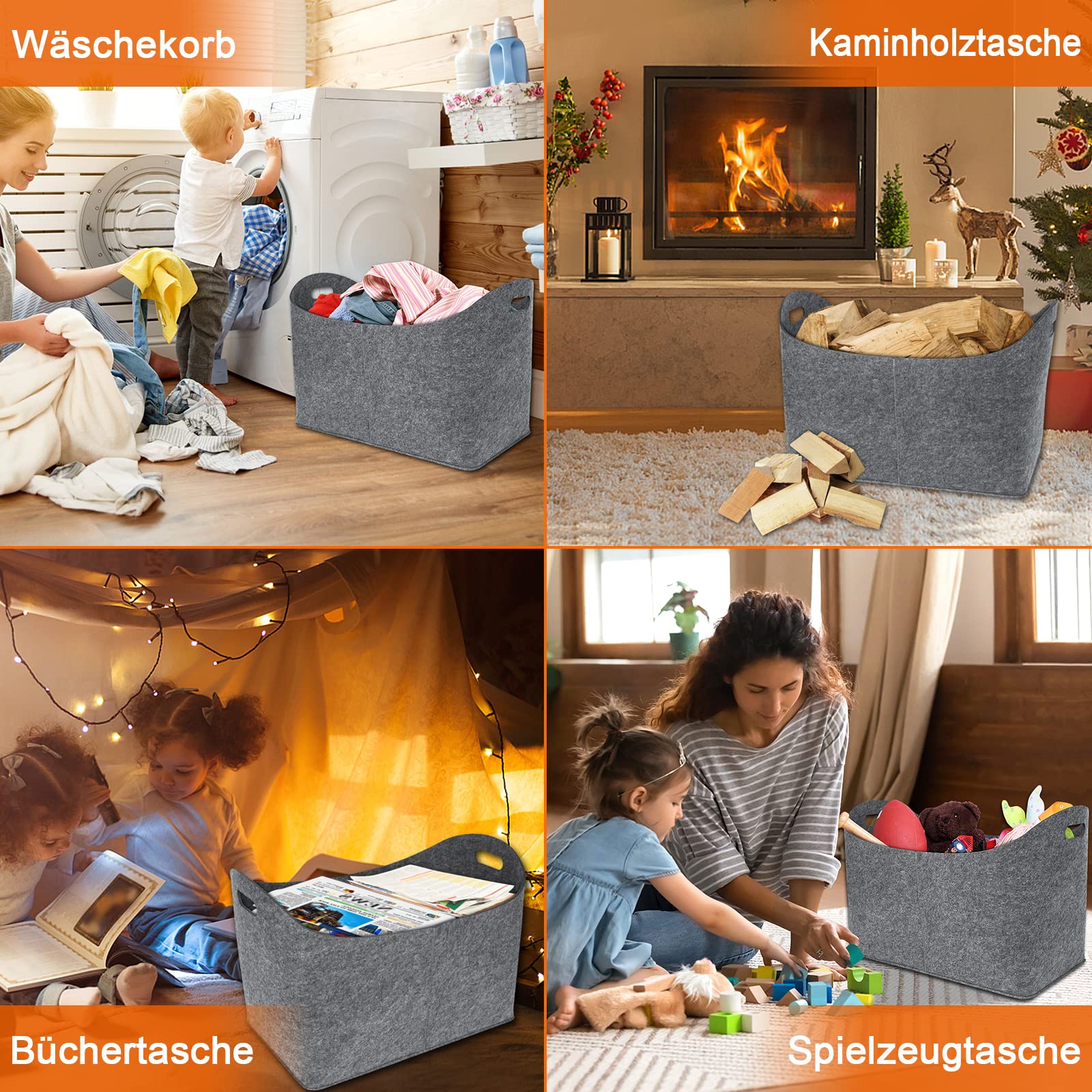 KARAT Viltzakken, shopper, set van 4 houten manden voor brandhout, robuuste boodschappentas, grote vilten universele toepassing voor winkelen en opslag, vilten mand met handgrepen, 50 x 25 x 25 cm