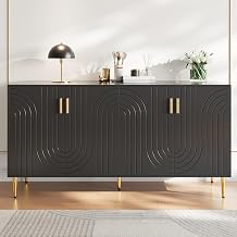 Sideboard for Living Room, Wooden Storage Cabinet with 4 Doors, Black Storage Units with Wave Design for Living Room, Entryway, Hallway, 152 x 40 x 75 cm, Golden Handles and Feets, Black