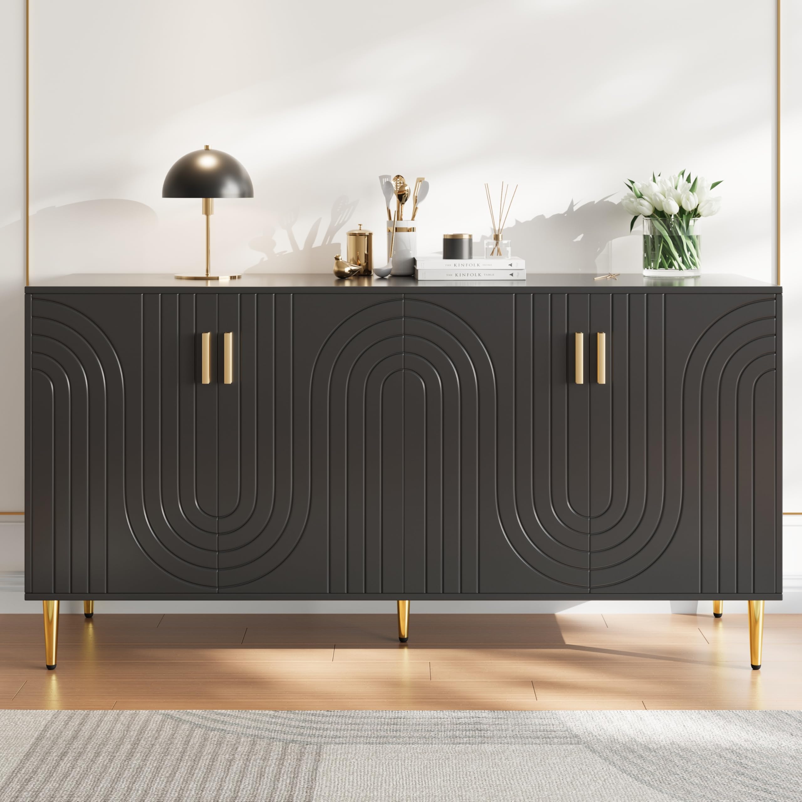 Merax Black Sideboard for Living Dining room Sideboard Storage Cabinet with 4 Doors, with unique wave design, golden handles and feet, anti-tip device, 40 x 152 x 75 cm — image 1