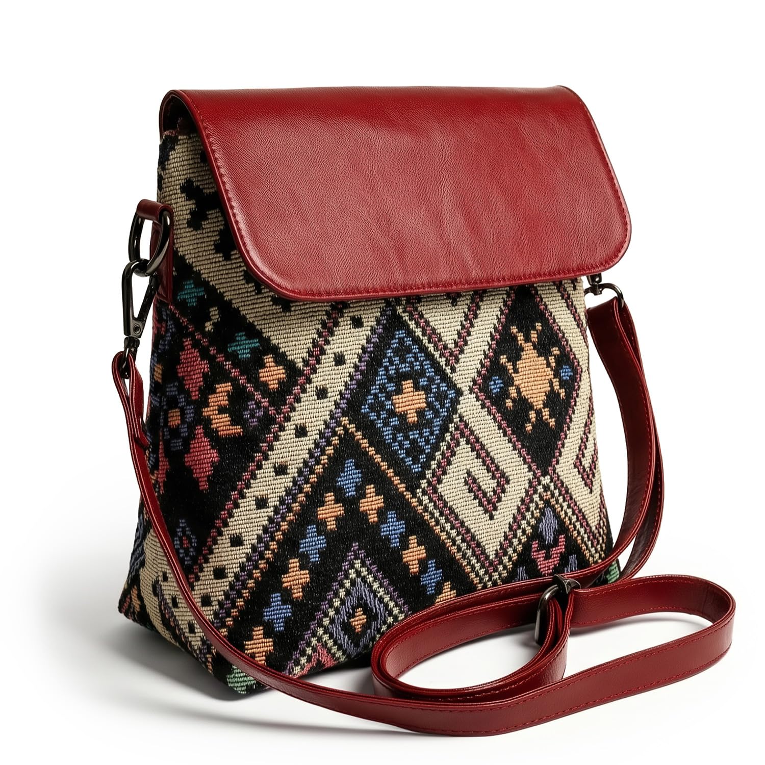 Ladies Flap Sling Bag - Women's Cross Body Zippered Bag in Printed Canvas and Vegan Leather-image-24