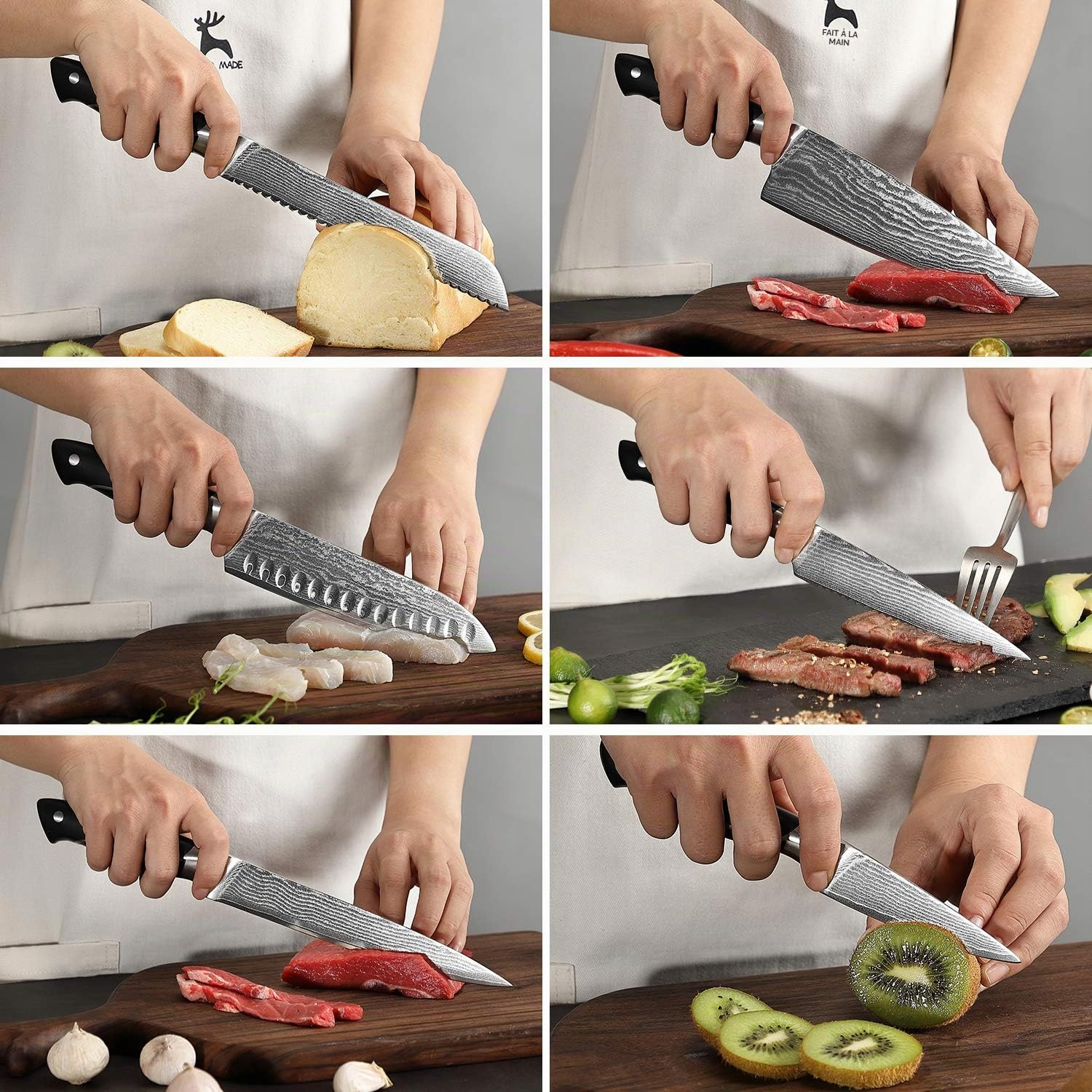 Couteau de Cuisines, Set Couteaux Acier Inoxydable Damas 9 Pieces, Bloc de Couteaux avec Couteau de Chef, Bloc en Bois, Lot de Couteaux Cuisine Professionnelle