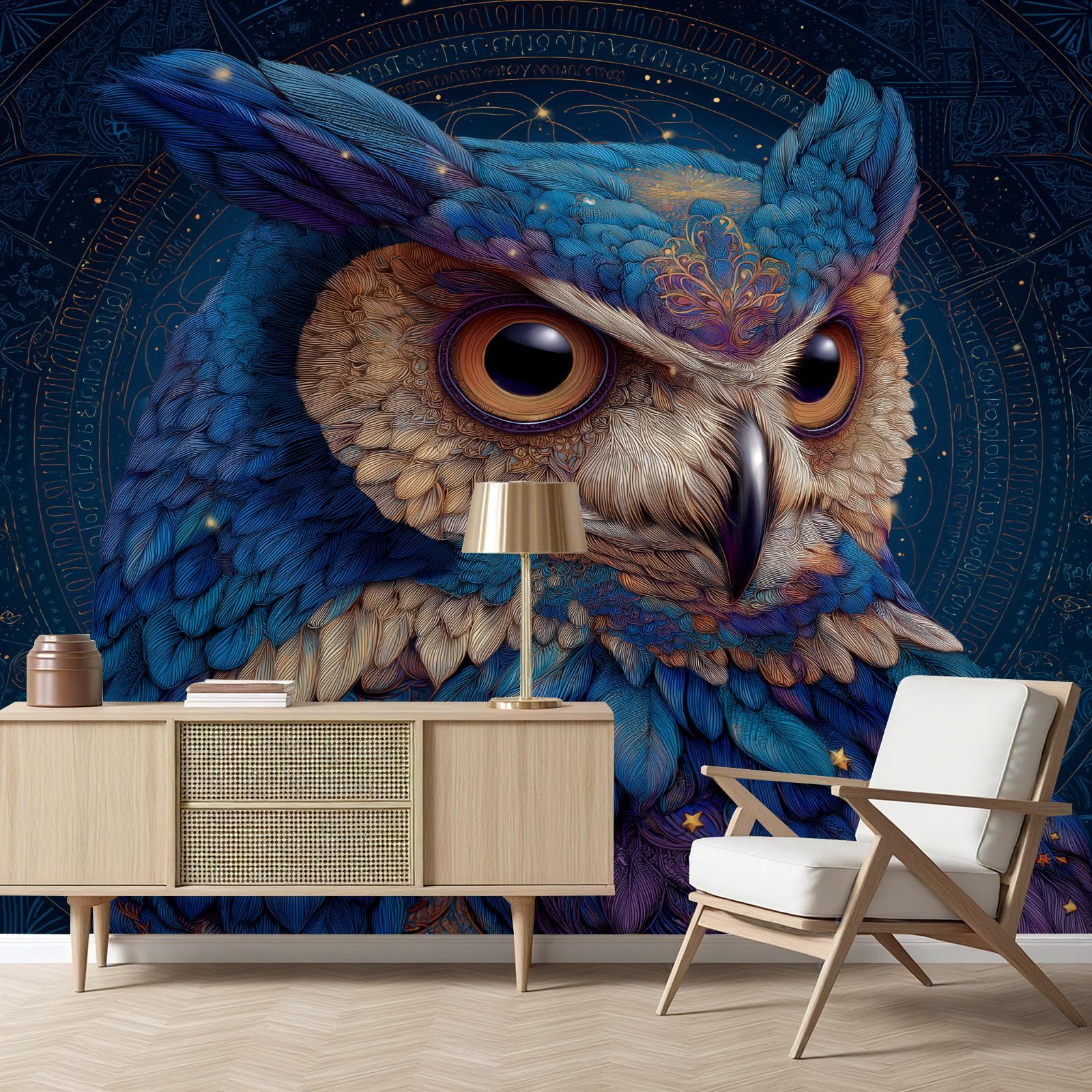Papier peint panoramique hibou bleu animal de la forêt intissé 300x210 cm