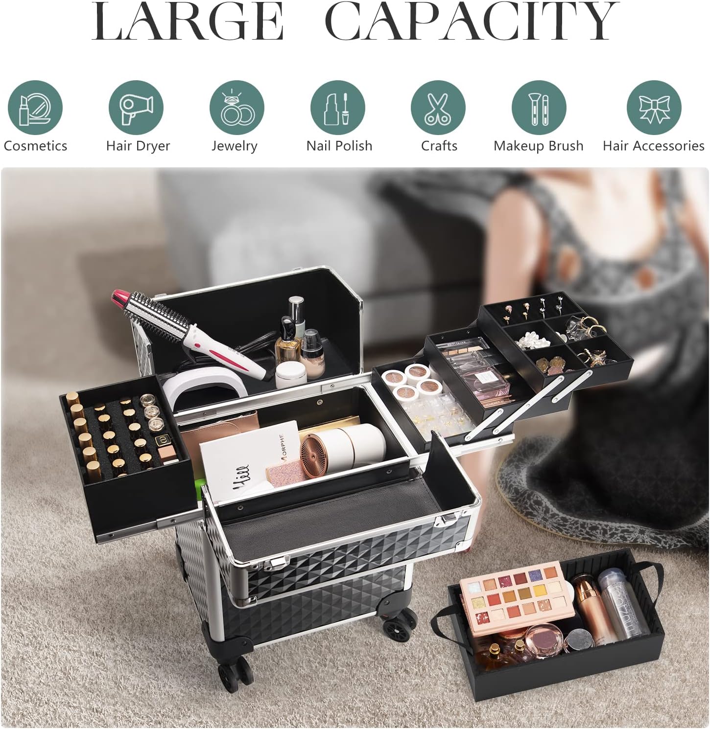 Wasserrhythm Rolling Makeup Train Case Cosmetic Travel Cart 4 Tray Sliding Rail Removable Middle Layer Makeup Cart with 360° wheels Large Storage Cosmetic Trolley Salon Barber Case Trunk, Black