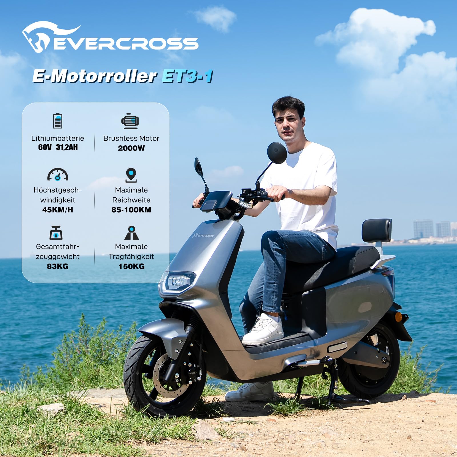 EVERCROSS ET3 Elektro Motorrad, Elektro Motocross mit 60V/31.2Ah, Maximale Geschwindigkeit 45 km/h, 2000W Motor,Reichweite 85-100 km,Doppelte Stoßdämpfung, Elektrisches Offroad-Motorrad für Erwachsene