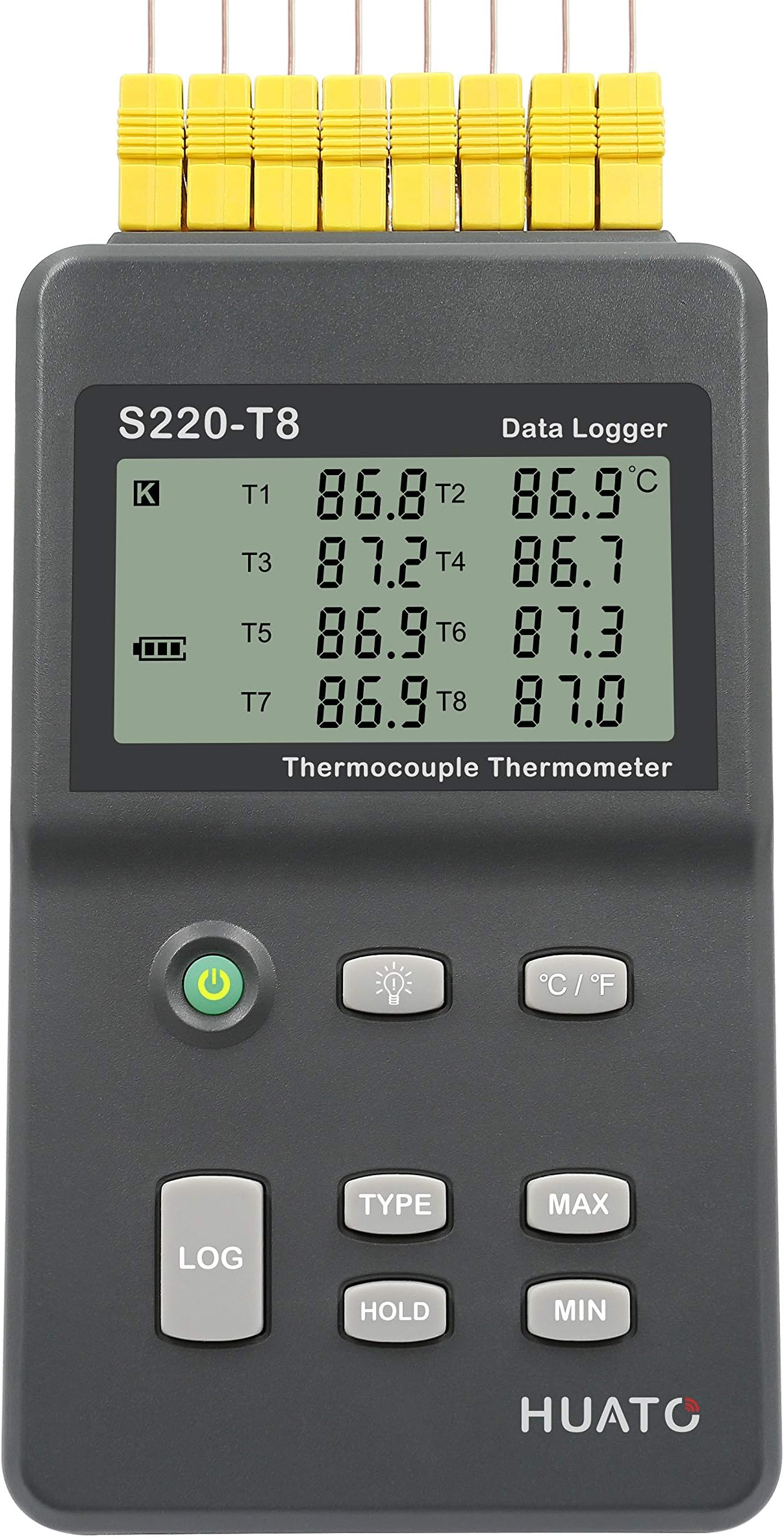 - S220-T8 Eight Channel Thermocouple Data Logger with External Power Supply and 3 Points NIST Traceable Certificate, Measuring Range -200 to 1800°C