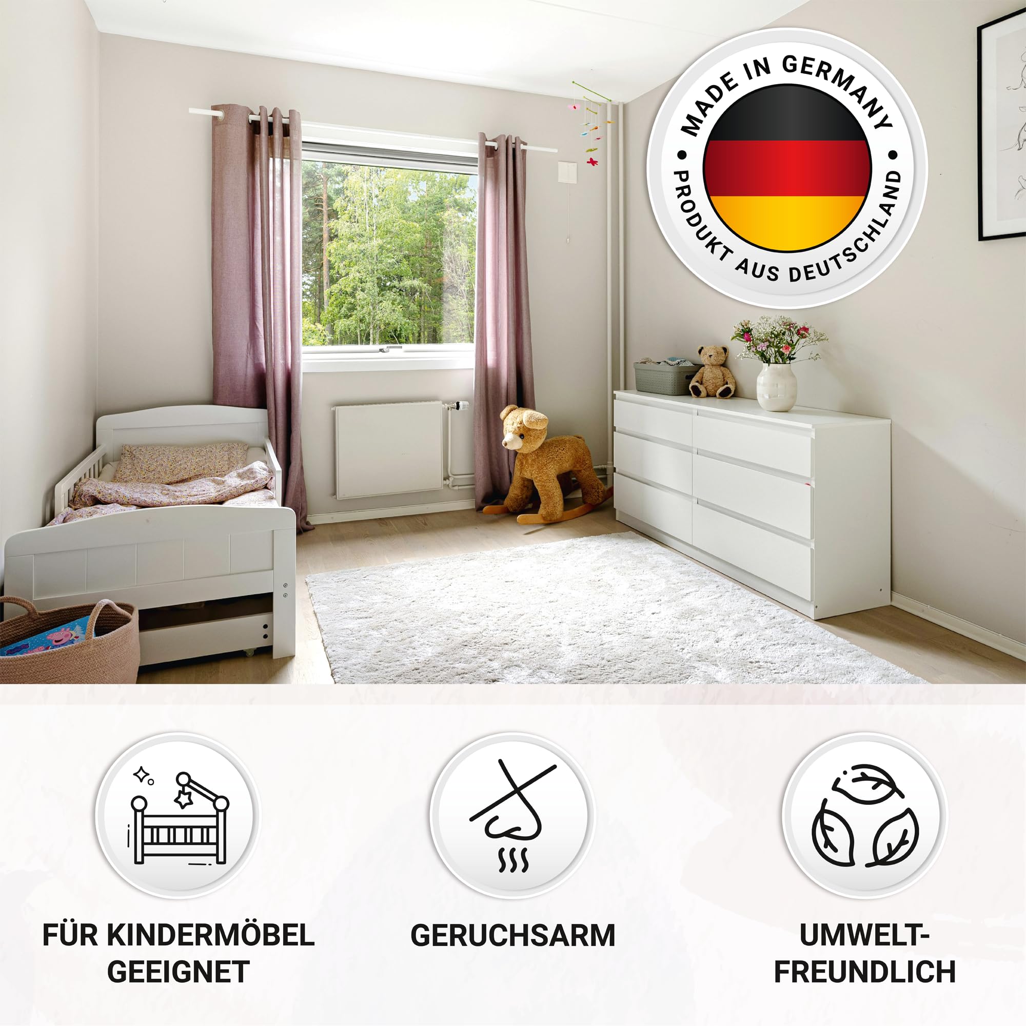 derendo Möbelfarbe Holzfarbe weiß für Innen – Ohne Schleifen, Kratzfest & Hochdeckend – Wasserbasierter Lack für Möbel, Türen & Küchen – Emissionsarm & Pflegeleicht Reinweiss, 2,5 Liter
