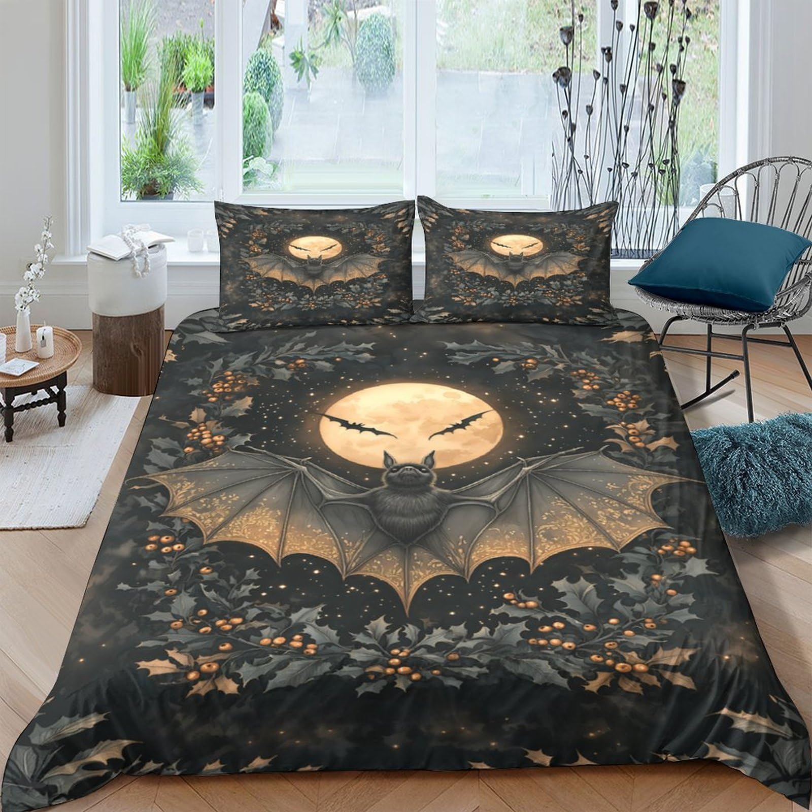 TUFRTGYHN 3D Printed Gothic Bat Moon Duvet Cover Microfiber Soft Breathable Floral Bedding Set with 2 Pillowcases for Bedroom Home Single（135x200cm）