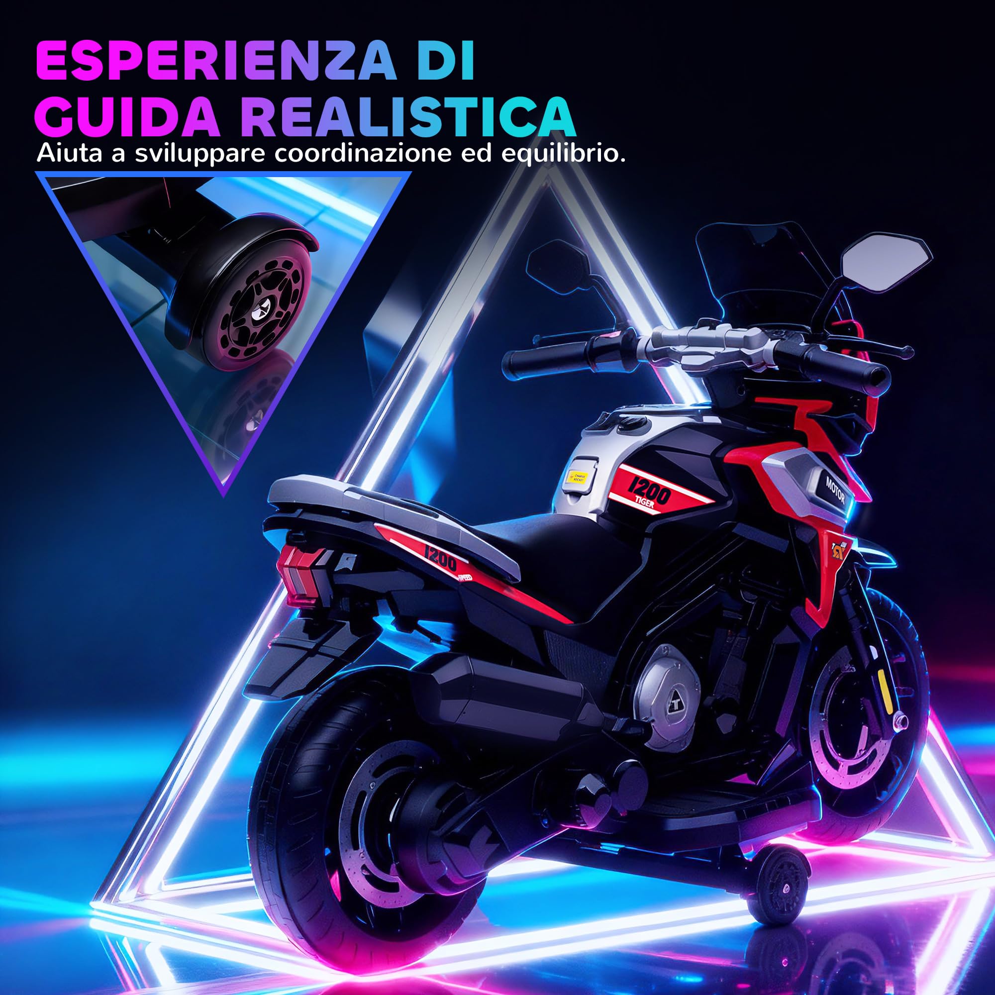 AIYAPLAY Moto Elettrica per Bambini 18-36 Mesi, 6V Motorino Elettrico per Bambini con Rotelle Rimovibili, Fari, Musica, 2.4 km/h Mini Moto con Fanale, Max 30kg, Rosso