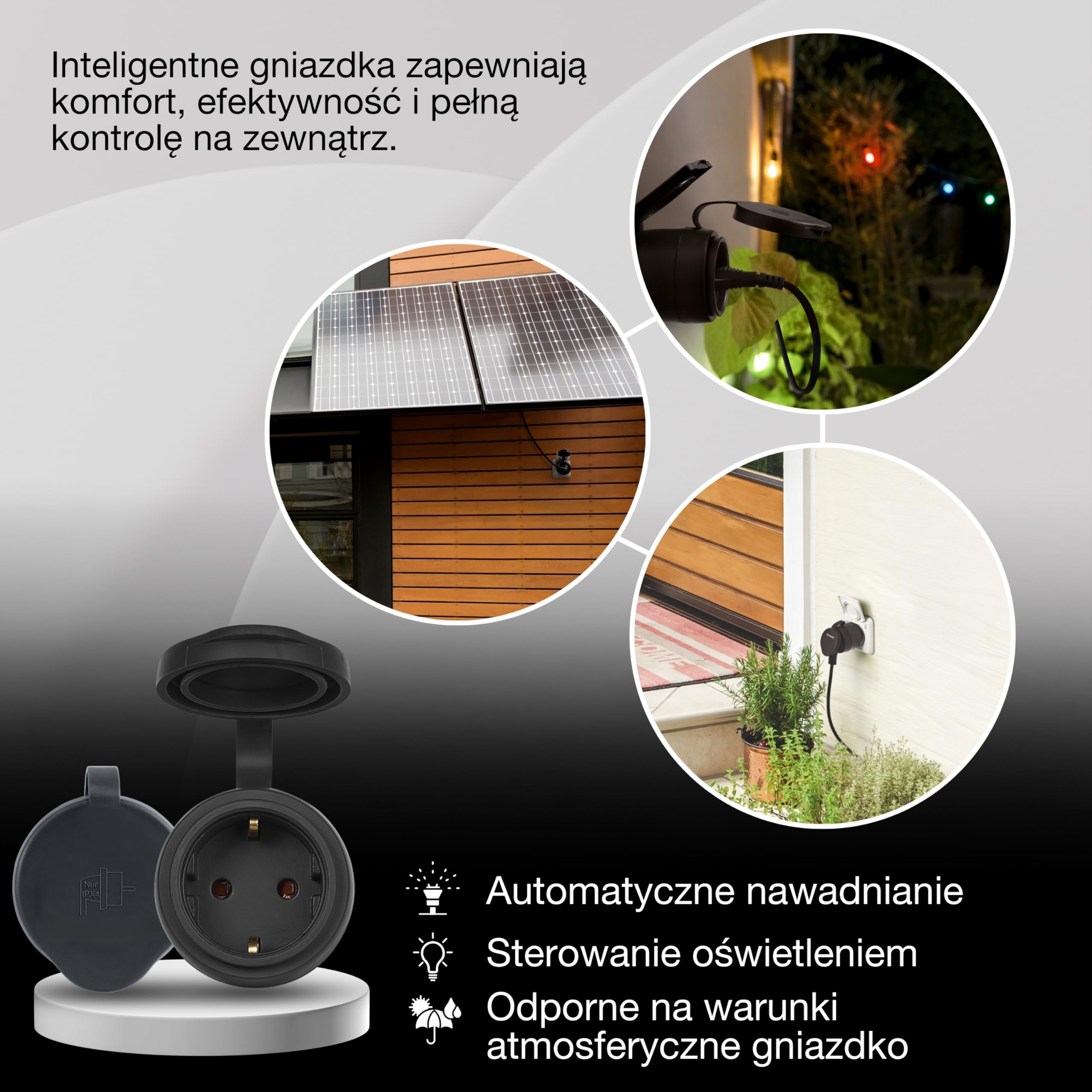 OSRAM Gniazdo zewnętrzne EU SMART+ MATTER, gniazdo zewnętrzne z kontrolą zużycia energii w kolorze czarnym wykonane z PP, stopień ochrony IP44, integracja urządzeń z inteligentnym domem