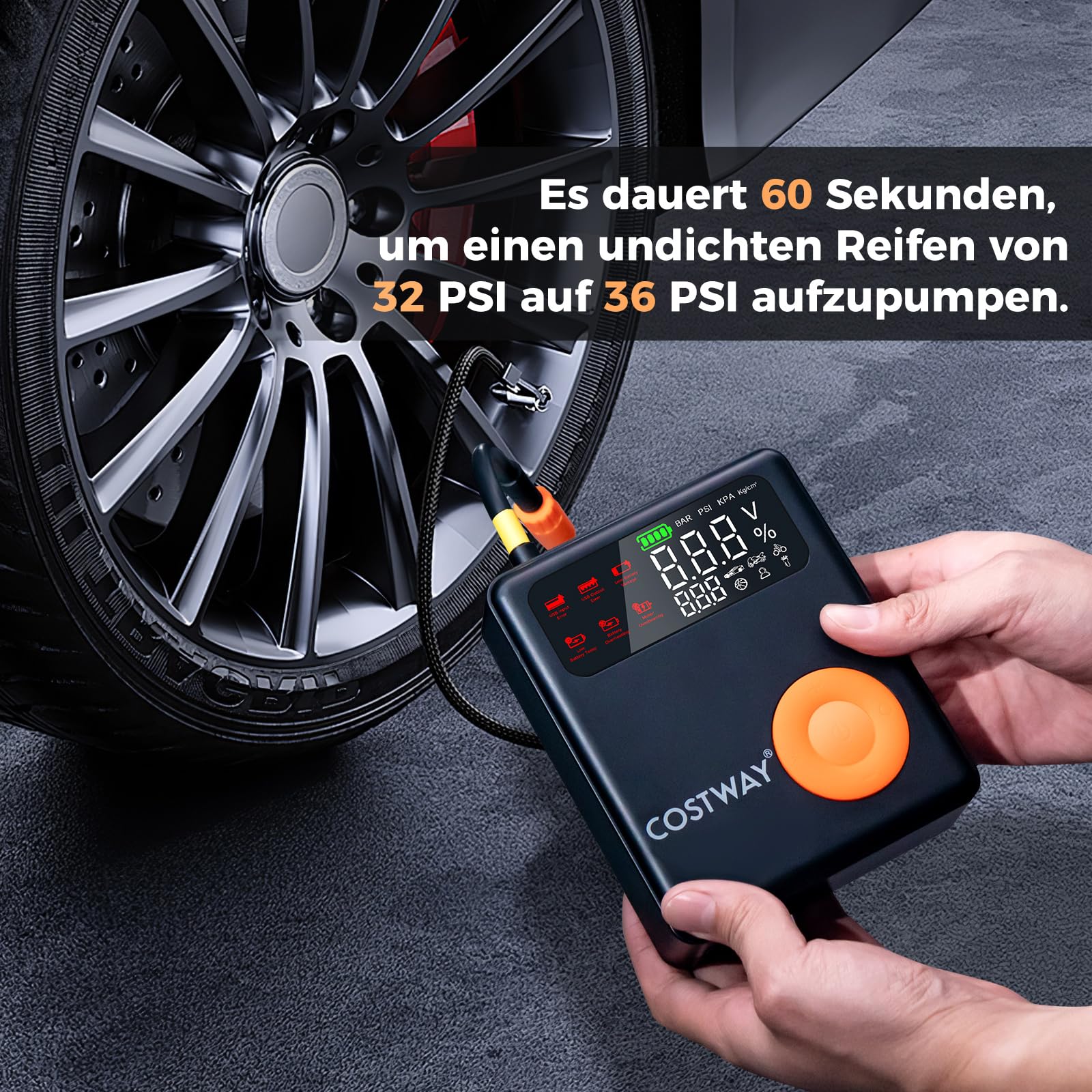 COSTWAY Elektryczna pompka powietrza 12 V 2000 A, sprężarka akumulatorowa 150 psi, mini pompka do opon z cyfrowym wyświetlaczem LED, przenośna sprężarka do samochodu