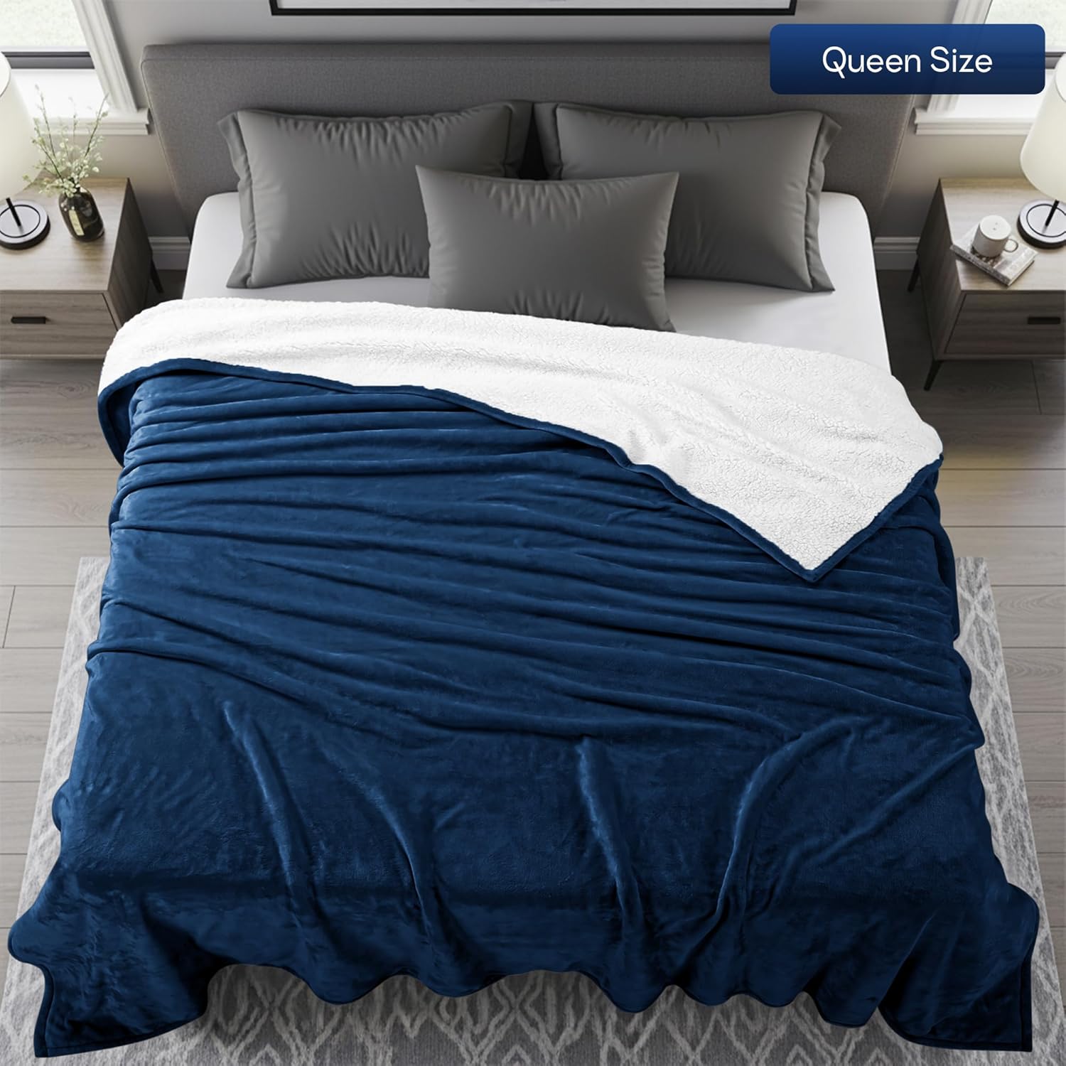 Utopia Bedding Sherpa Blanket Queen Size (Navy, 90x90 Inches) - Soft Lightweight Plush Fleece Reversible Blanket for Bed, Sofa, Couch, Camping and Travel - Image 2
