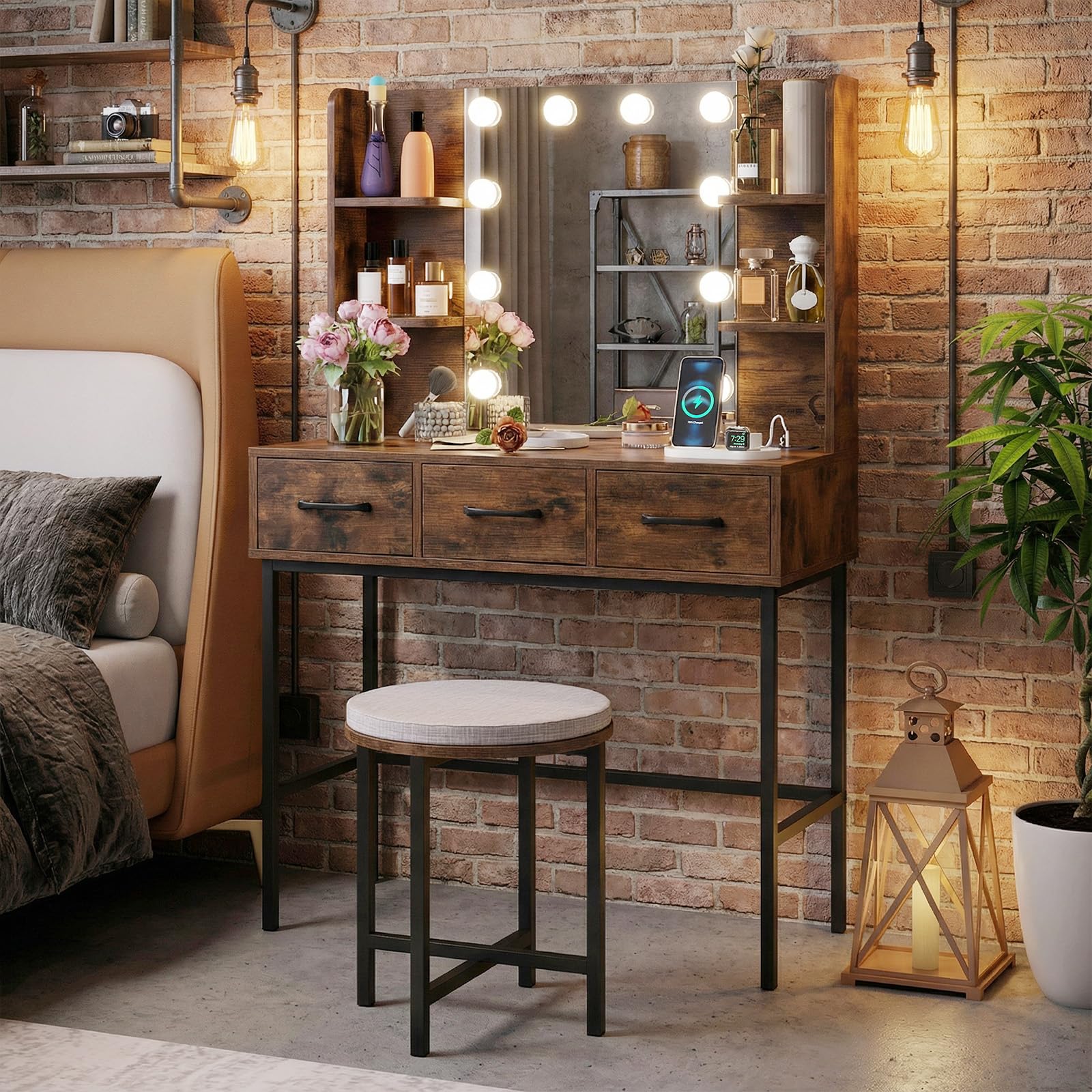 COSTWAY Dressing Table with Mirror and Stool, Makeup Table Vanity Desk Set with 10 Dimmable LED Bulbs, 3-Color Lights, Charging Station, 3 Drawers & Storage Shelves for Bedroom (Rustic Brown+Black)