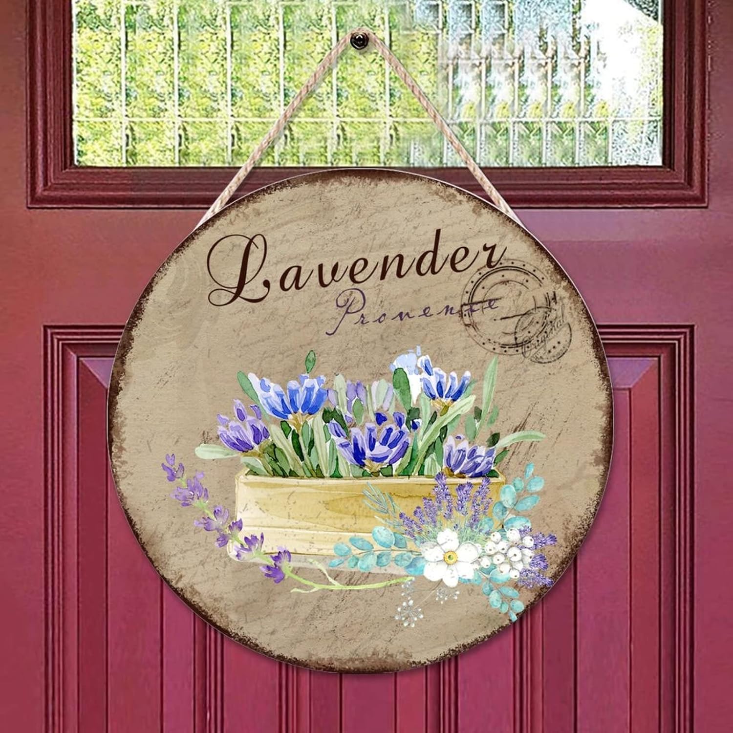 Lavender Wood Door Sign, Custom Calligraphy Round Door Hanger Sign, 16x16in Personalized Pattern Wall Door Hanging Sign Decor for Outdoor Front Porch Front Door Housewarming Gifts