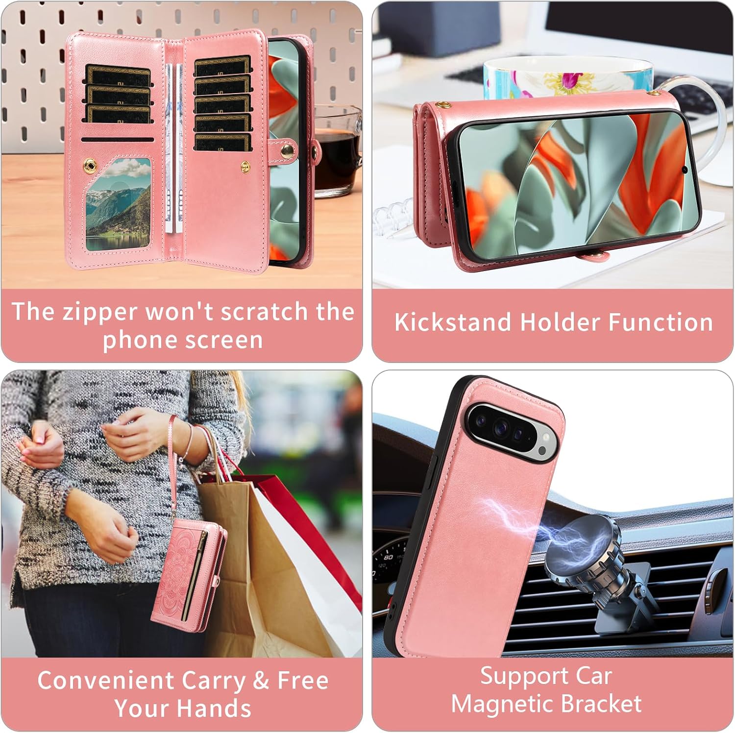Asuwish Phone Case for Google Pixel 9 Pro XL Zipper Wallet Detachable Cell Cover with Tempered Glass Screen Protector Crossbody Strap Mandala Flower Card Holder Pixel9 9Pro 9ProXL Nine Women Rose Gold