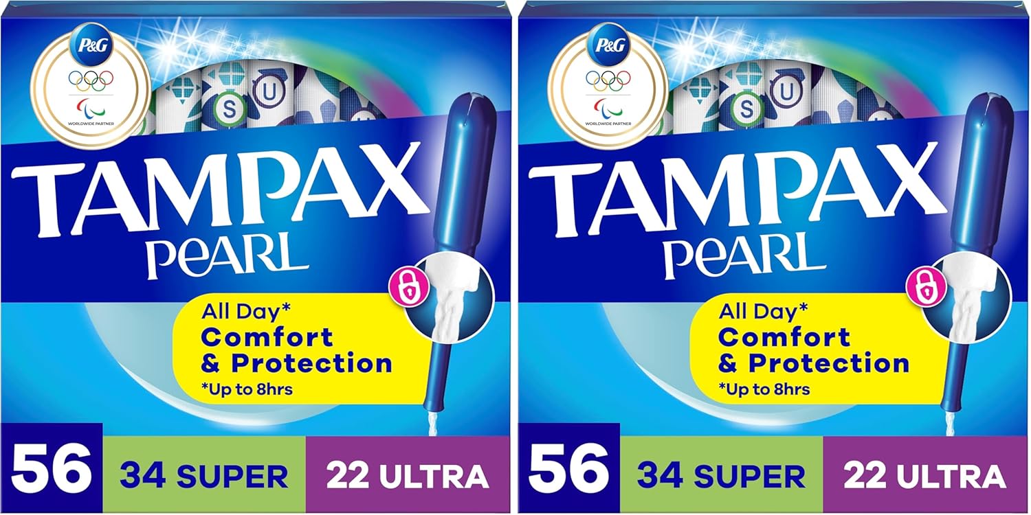 Tampax Pearl Tampons for Women Multipack, with LeakGuard Braid, Super/Ultra Absorbency, Unscented, 56 Count (Pack of 2)