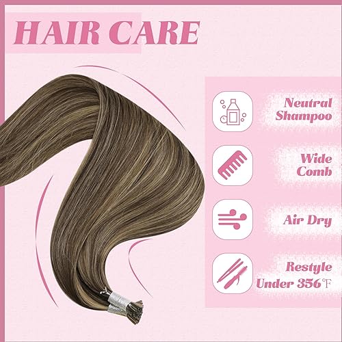 Miniatura 6 de YoungSee - Extensiones de cabello humano con punta en I Tip, extensiones de cabello humano marrón oscuro con reflejos rubios caramelo, extensiones
