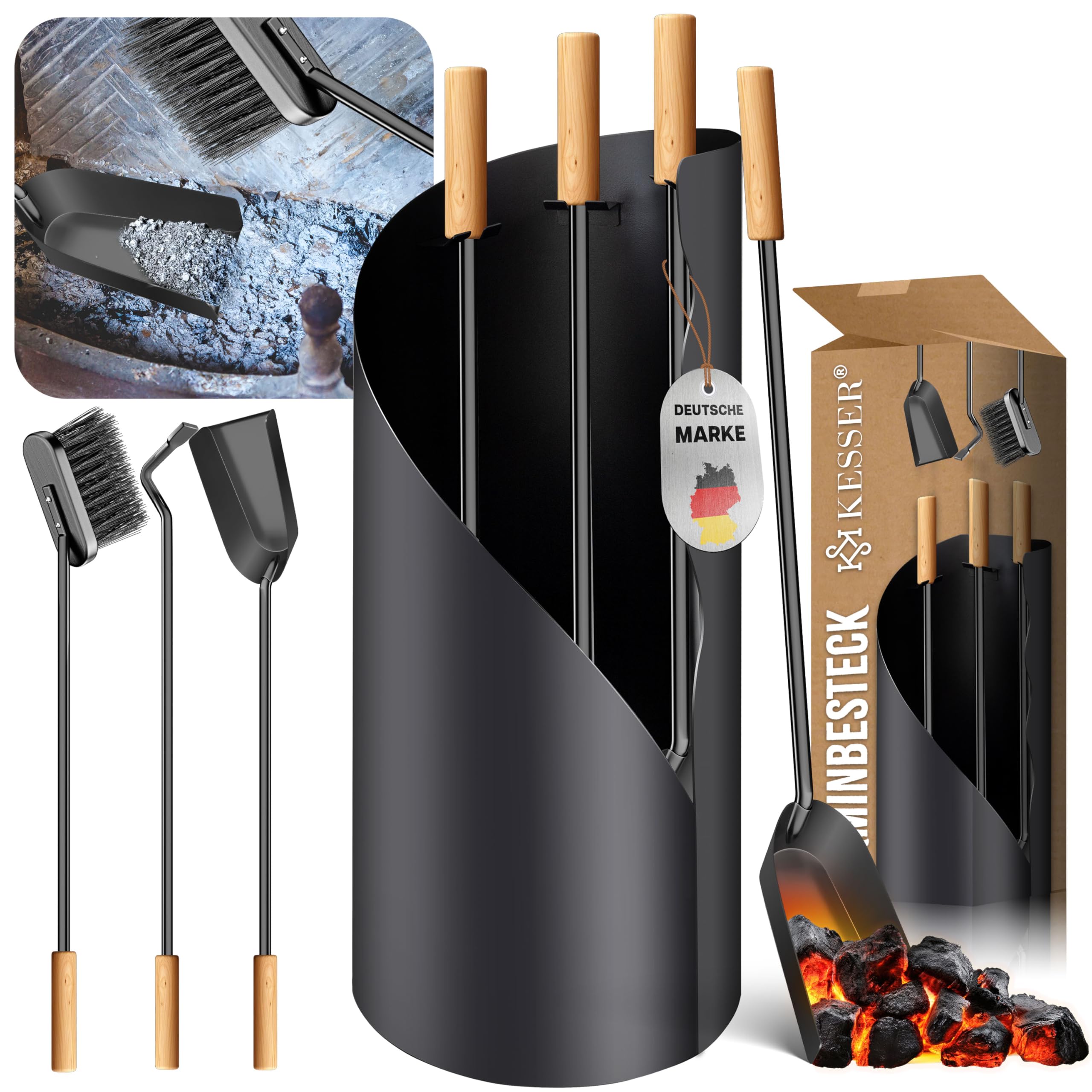 KESSER® Accessori per camino Kit camino da 4 pezzi - design moderno, rivestito, Set per caminetto di alta qualità composto da 4 pezzi: scopino, paletta, attizzatoio, supporto acciaio, manici,Antracita