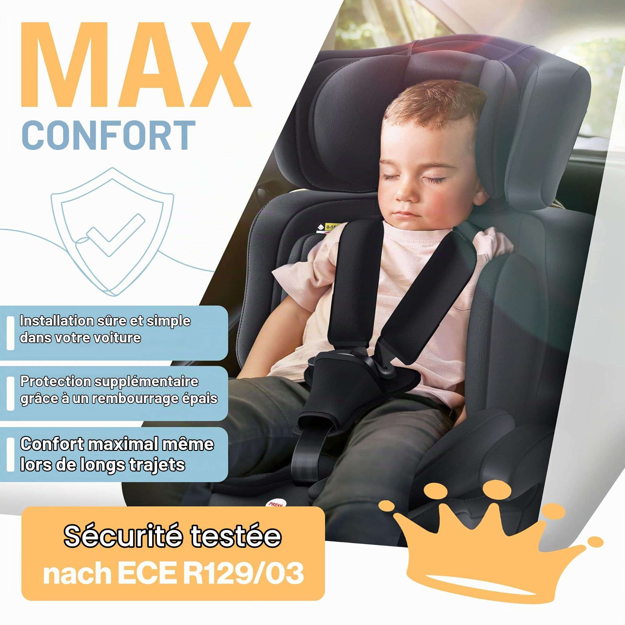 KIDIZ® i-Size R129 Siège auto pour enfant de 100 à 150 cm jusqu'à 12 ans, groupe 1/2/3 sans Isofix, siège enfant qui grandit avec le corps, ceinture à 5 points et appui-tête réglable en hauteur, noir