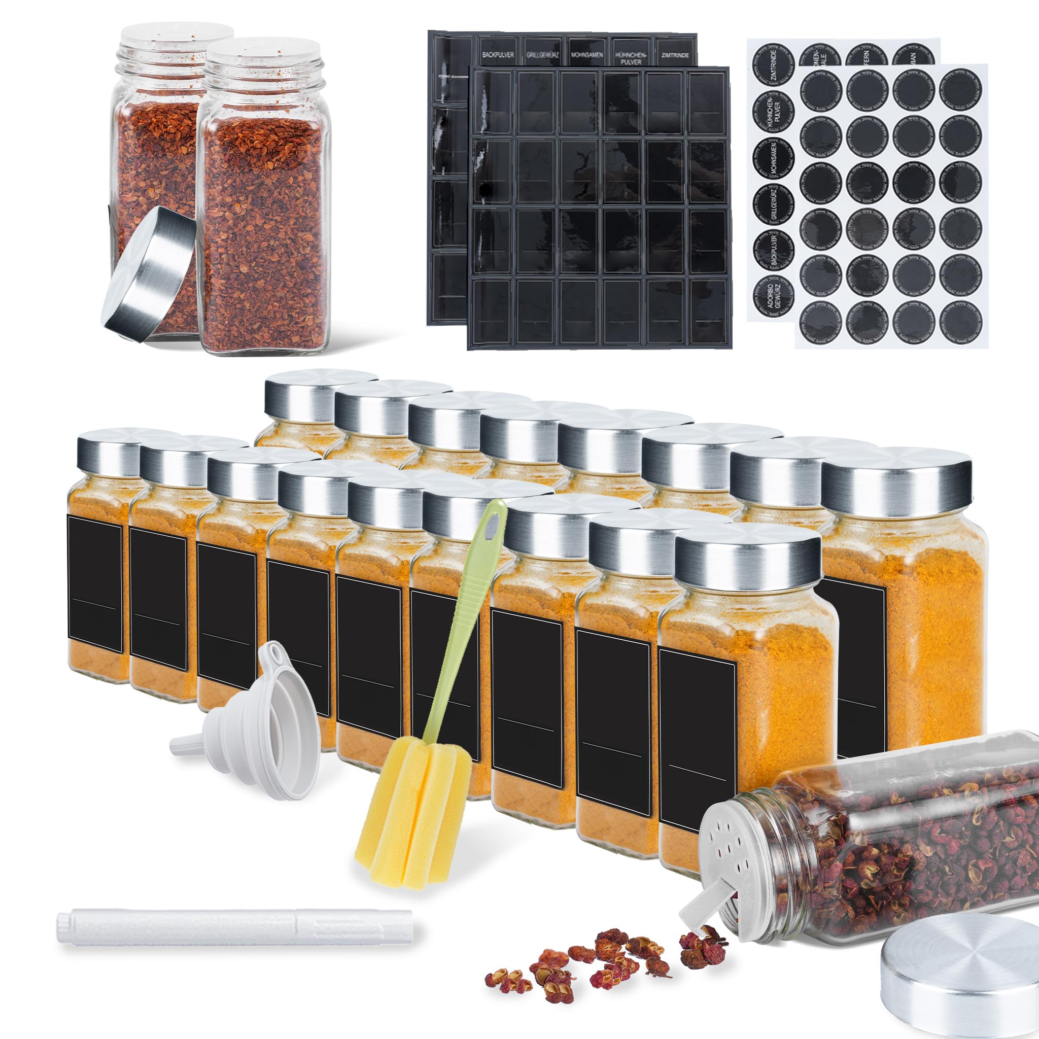 Aufun Square Glass Spice Jars 24 Pack Stainless Steel Lid with Labels