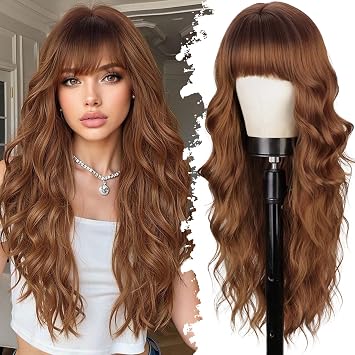 Lativ Auburn Wig with Bangs for Women Long Wavy Culry Synthetic