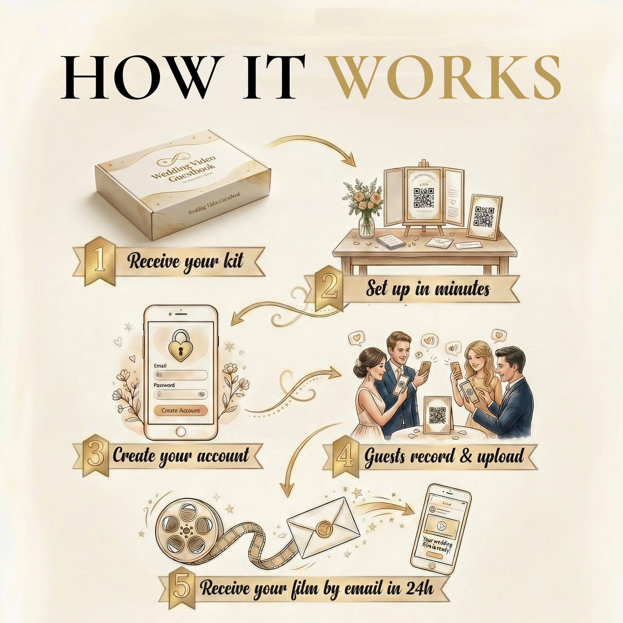 Livre d'or vidéo pour mariage avec code QR – Alternative au livre d'or de mariage, les invités enregistrent des messages vidéo sur leur téléphone, sans application – Film édité en 24 heures – Kit avec