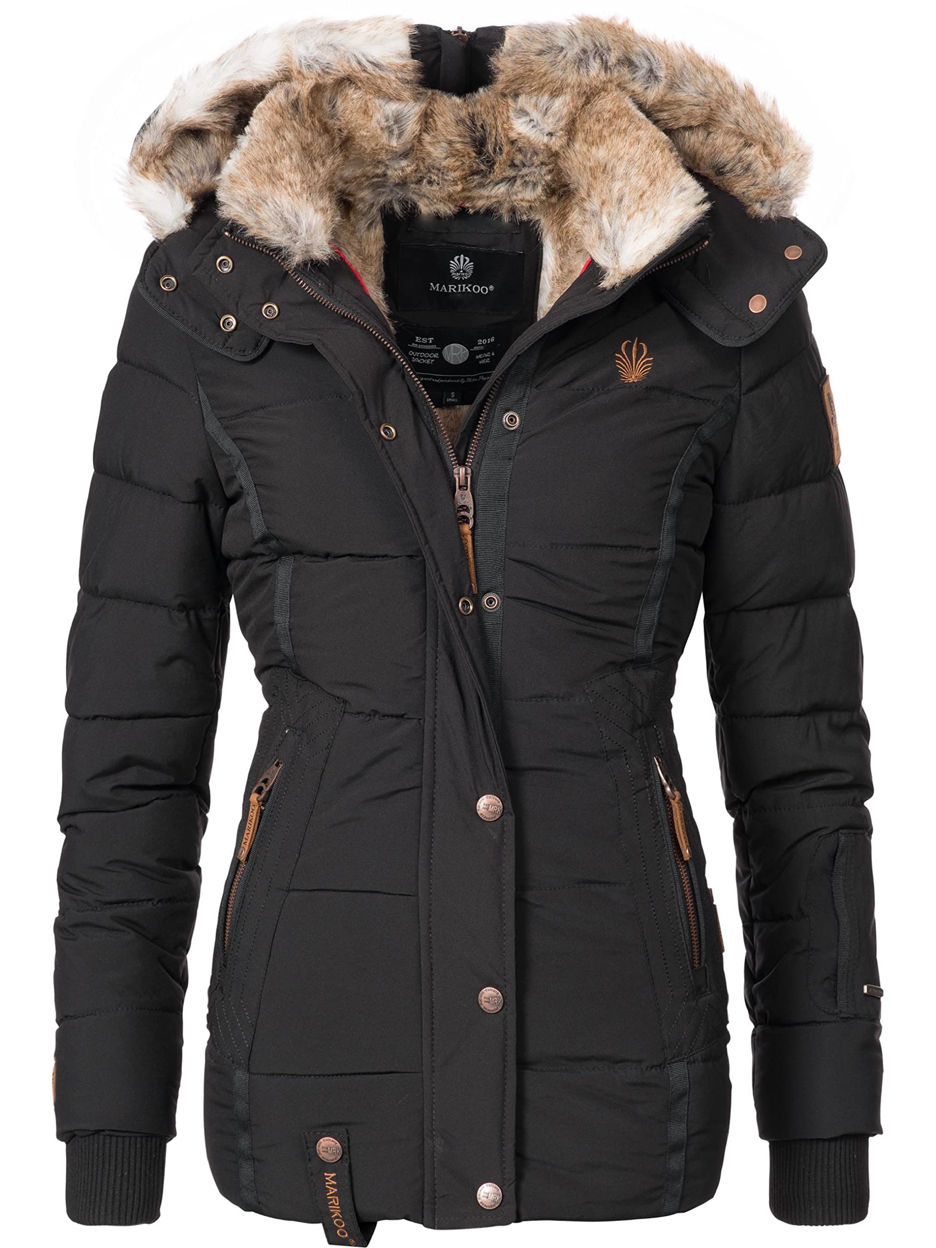 MARIKOO Nekoo Women's Winter Jacket Warm Quilted Jacket with Faux Fur Lining XS - 3XL, black, M