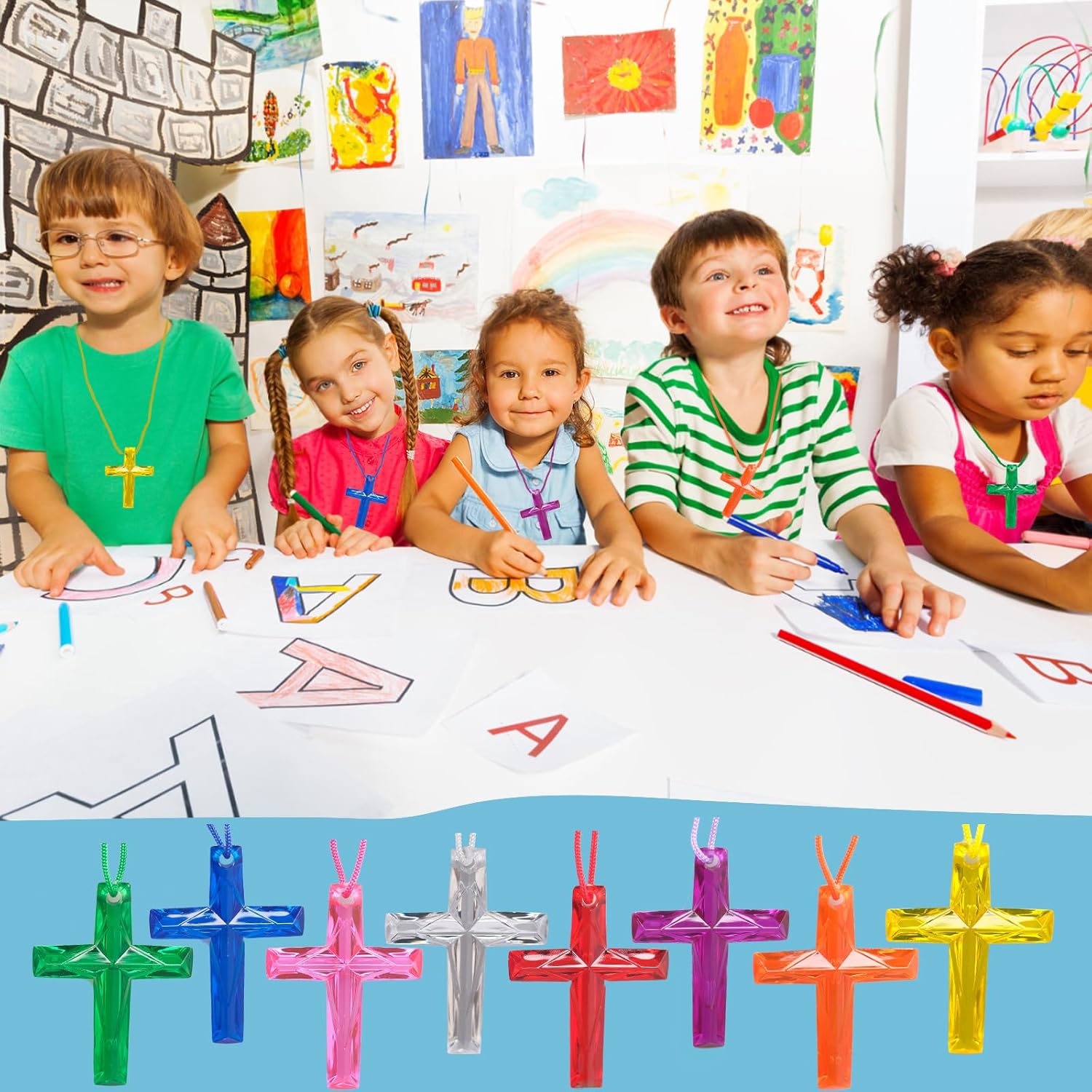 304 Pcs Crystal Cross Necklace Multicolor Cross Necklace Bulk Colored Cross Necklaces Plastic Crystal Cross Necklace Easter Egg Fillers for School Prizes Christian Religious Party Favors Supplies