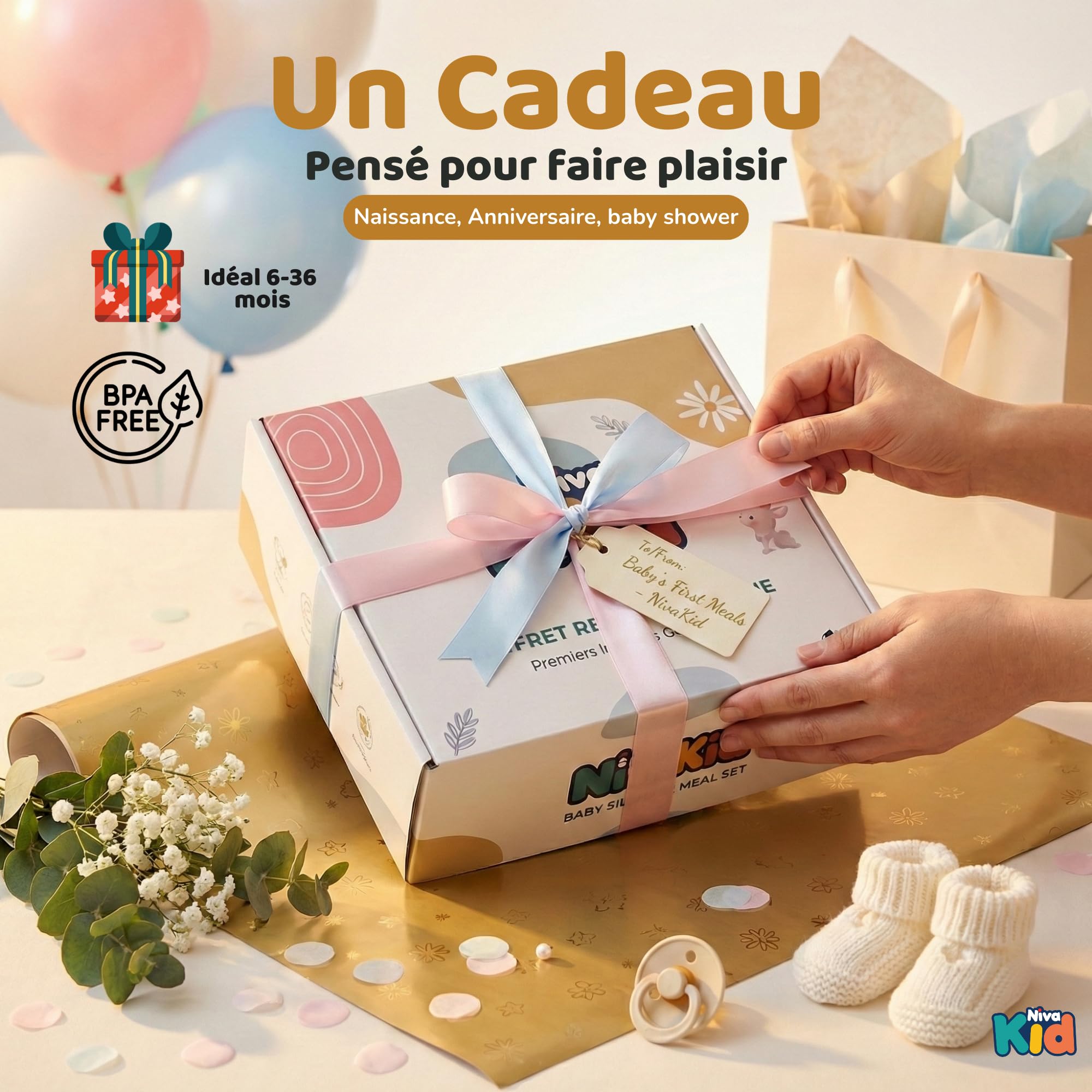 Coffret Repas Bébé Silicone Set Vaisselle 1er Âge Assiette Ventouse Cuillère Bavoir Tasse Sans BPA DME Bébé Beige