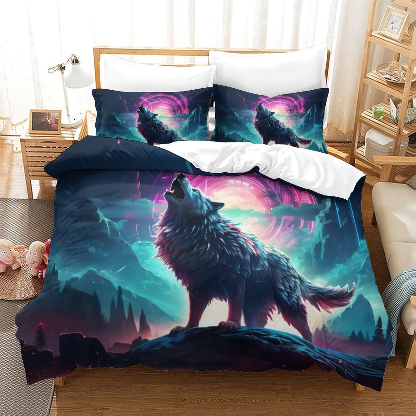 Housse de couette loup 3D microfibre anti-plis avec fermeture éclair king