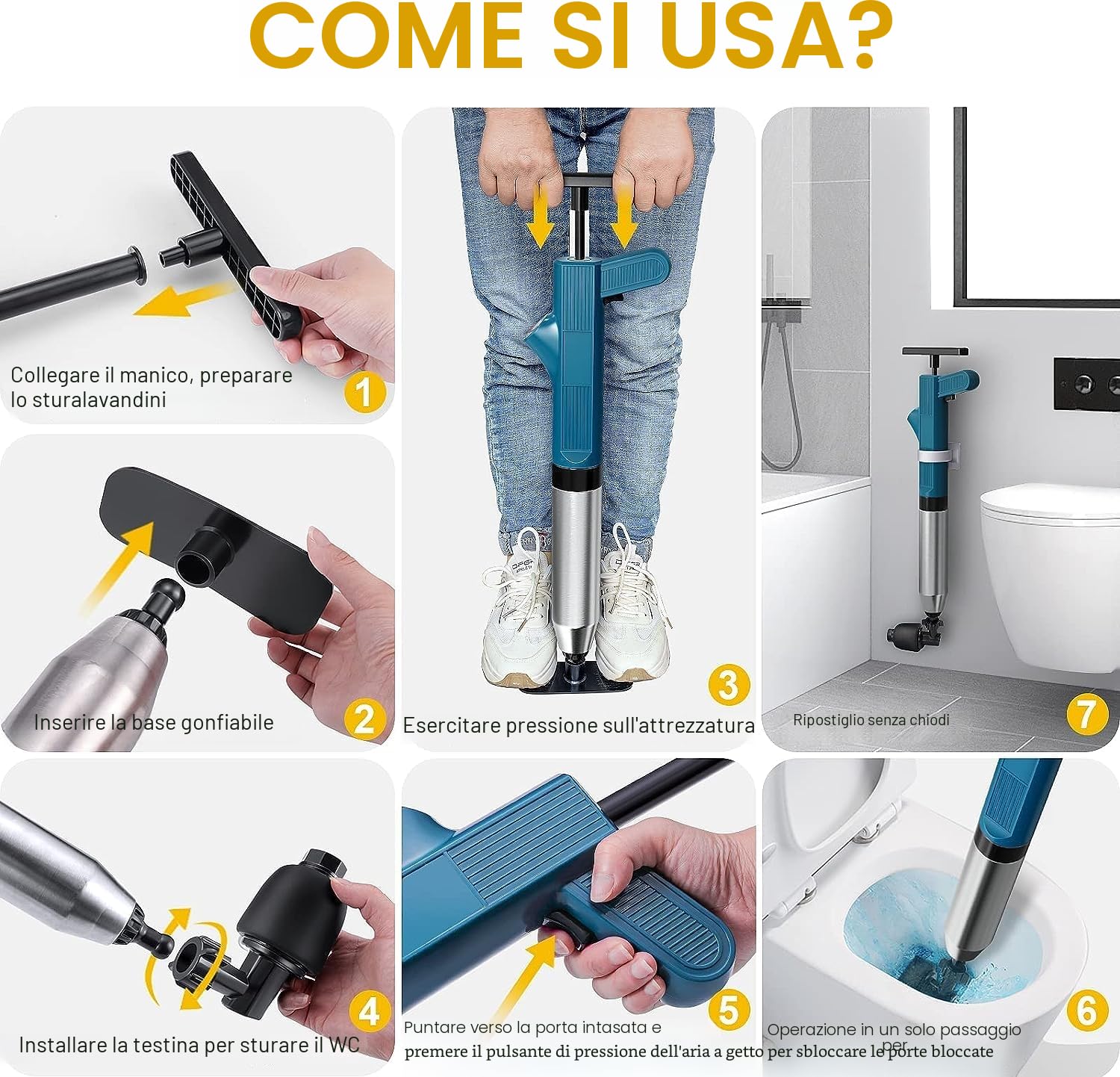 Stura wc,stura water,pompa stura scarichi wc a pressione, pistola stura wc, stantuffo per WC,stura lavandini e scarichi,sblocco lavandino da cucina e bagni/bidet (blu)