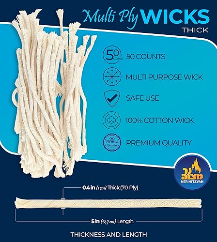 Miniatura 10 de Ner Mitzvah Mechas de algodón natural sin humo, 50 unidades (aproximadamente) de 39 capas delgadas para velas de vaso de aceite, mechas de repuesto