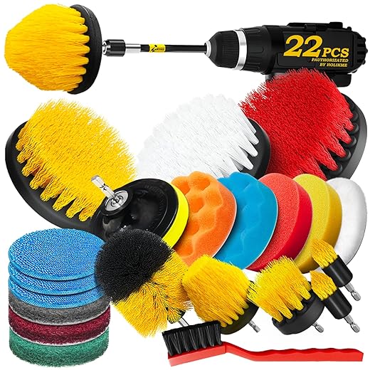 Holikme 22Pack Drill Brush Attachments Set,Scrub Pads & Sponge, Buffing Pads,Power Scrubber Brush,Car Polishing Pad Kit,Wax Applicator Pad,Car Cleaning Kit,Masonry Brushes,Cleaning Supplies