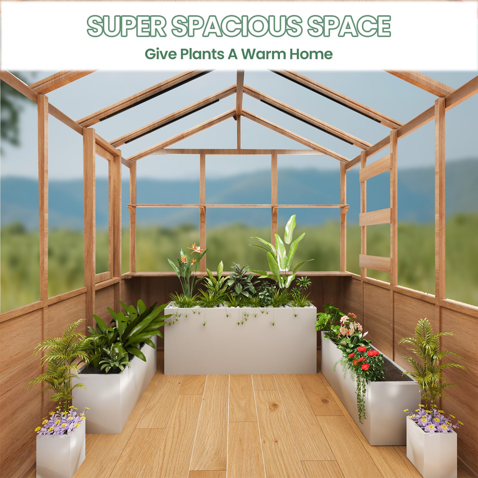 Invernadero de madera de 8 x 9.2 x 8.2 pies, casa verde con estantes y ganchos para plantas, diseño de techo inclinado, barra de metal única, ventanas de panel de policarbonato de 6 mm resistentes a