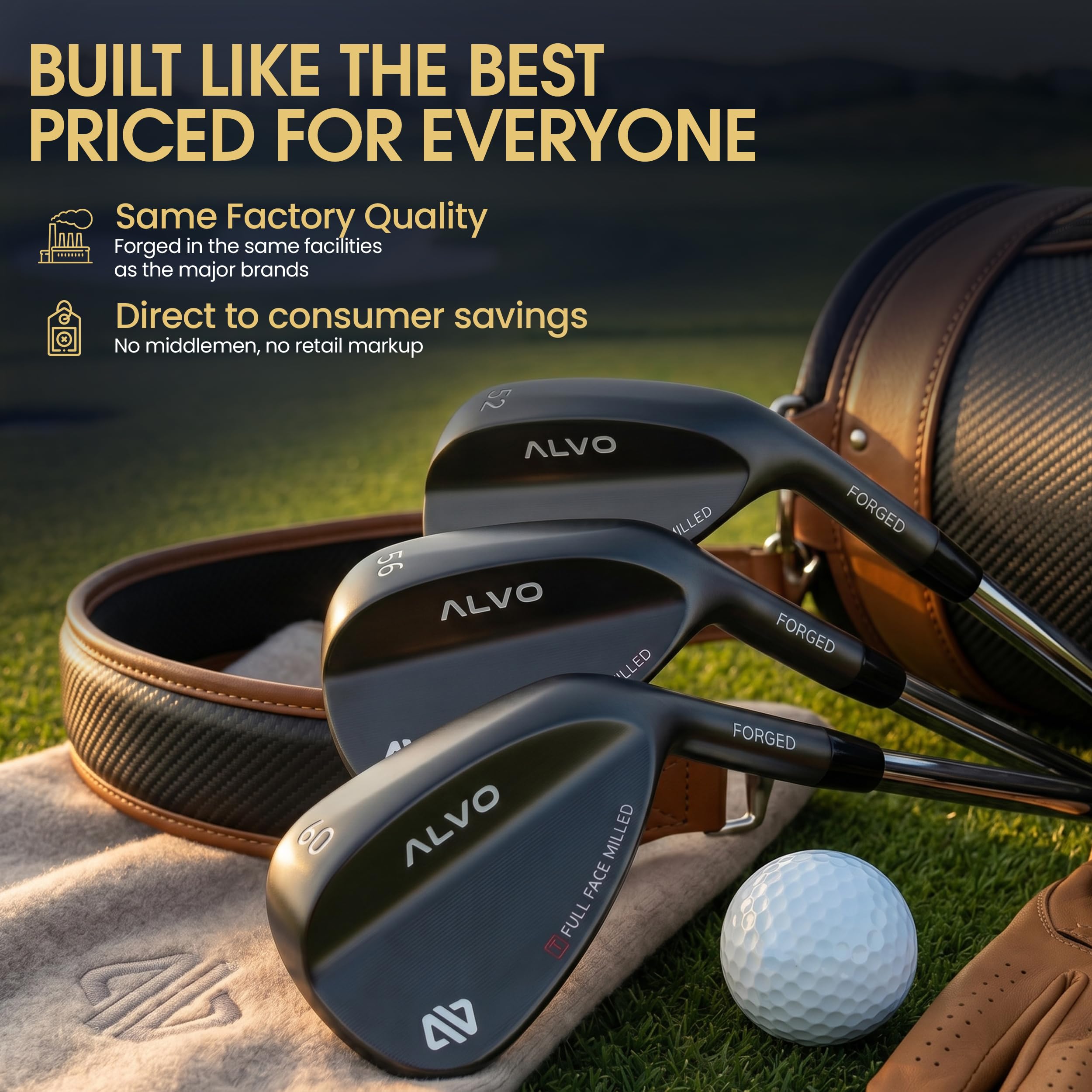 ALVO GOLF Tour-inspiriertes Premium-Golfkeil-Set – 3 Golfkeil-Set, 52 56 60 Grad Keil, Spaltkeil * Sandkeil * Lob Wedge Golfschläger für Herren, rechte Hand – Premium Tour Grip enthalten – CNC-gefräst