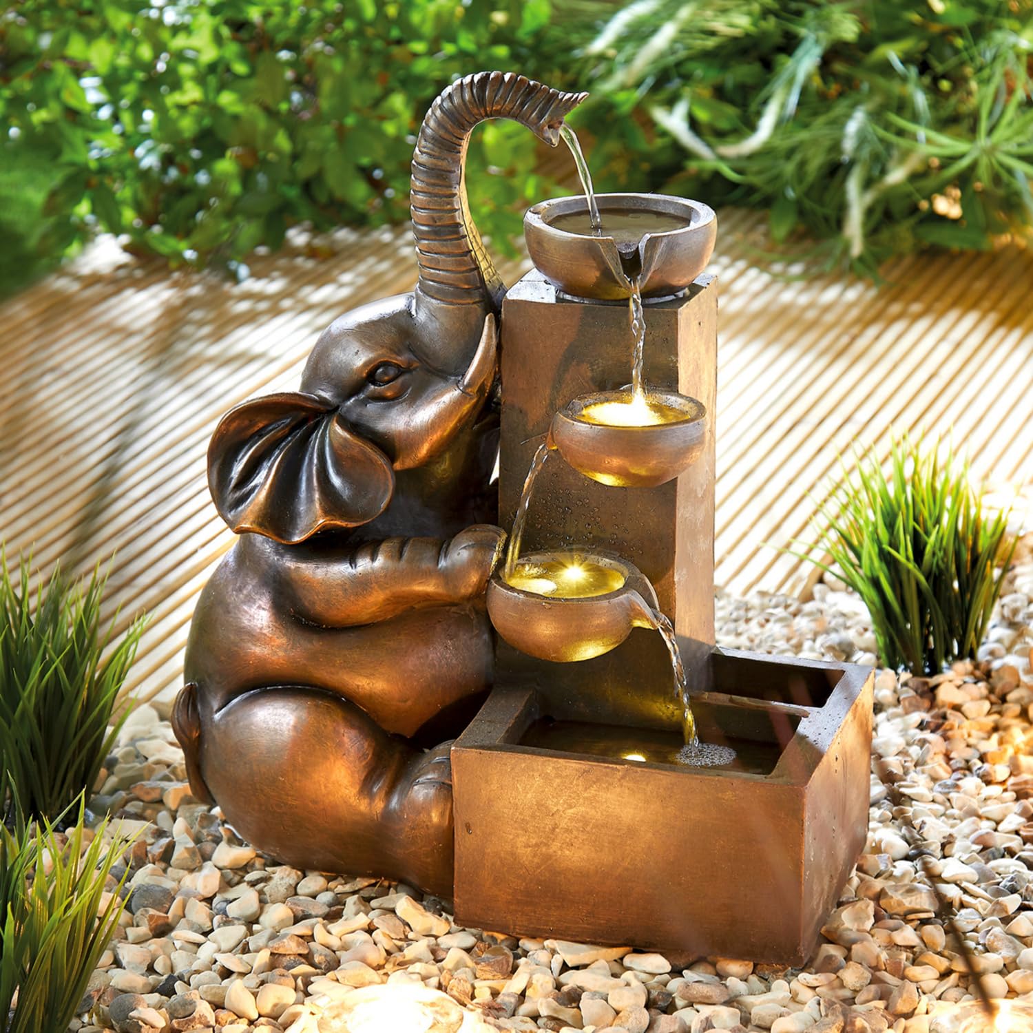 3 PAGEN® Fontaine solaire éléphant extérieure - Cascade - Éclairage d'ambiance - Résistant aux intempéries - Fonctionne à l'énergie solaire - Idéale pour le jardin