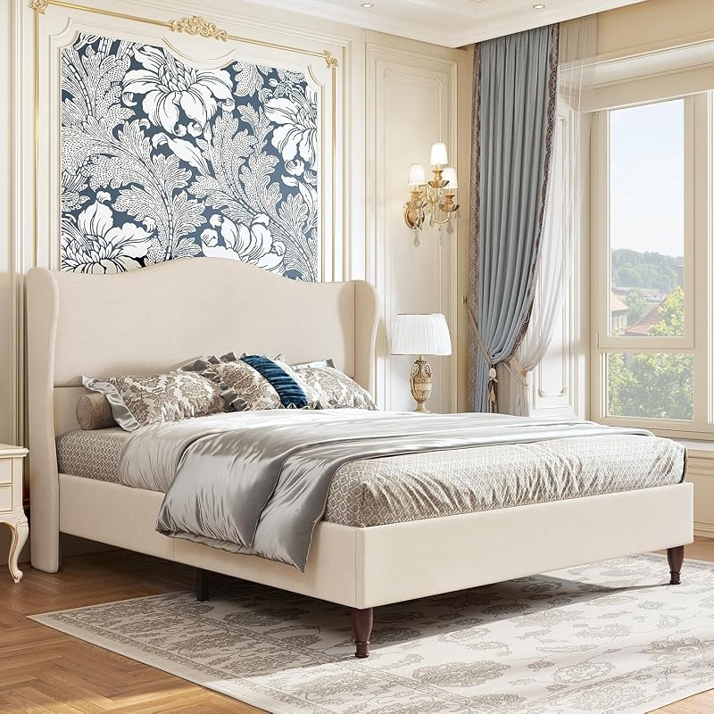 koorlian Queen Size Bed Frame Upholstered Platform Bed with 51" Tall Headboard Wingback, Soft Fabric, Retro Simple Style Platform Bed No Box Spring Needed, Easy Assembly, Beige image 3