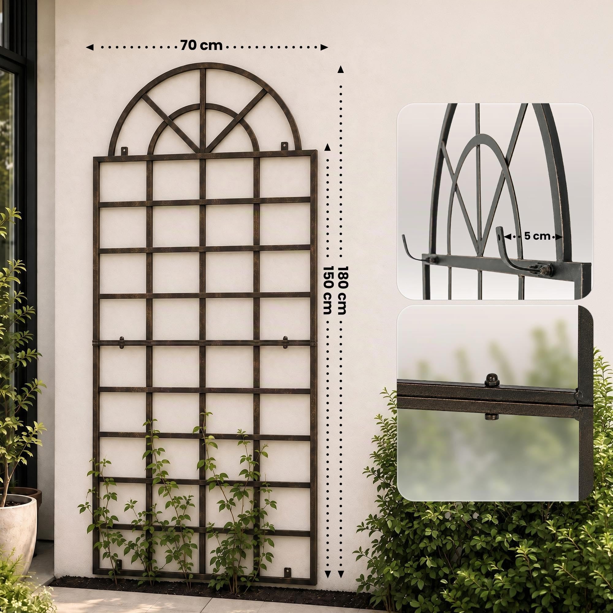 CLP Rankgitter Viva aus Eisen mit Rundbogen und integrierten Halterungen, ideale Kletterhilfe und Rankhilfe für Garten, Terrasse und Balkon | Farbe Bronze