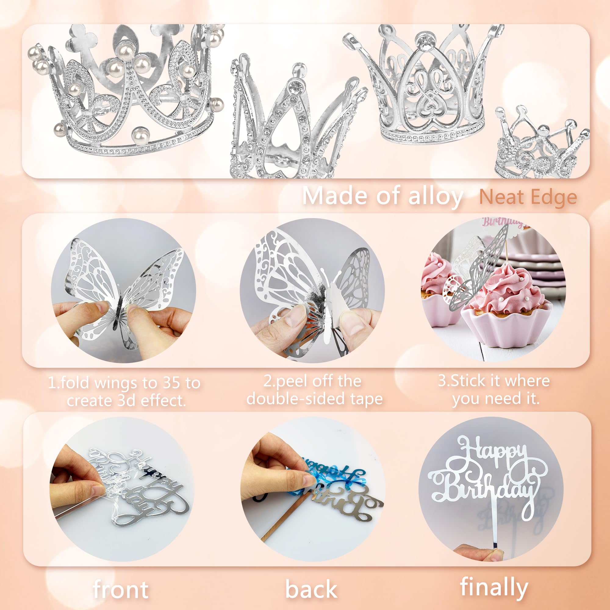 44 coronas plateadas para decoración de tartas, 16 mini coronas pequeñas con 24 decoraciones de pared de mariposa y 4 decoraciones de pastel de cumpleaños para mujeres y niñas, corona de cumpleaños,